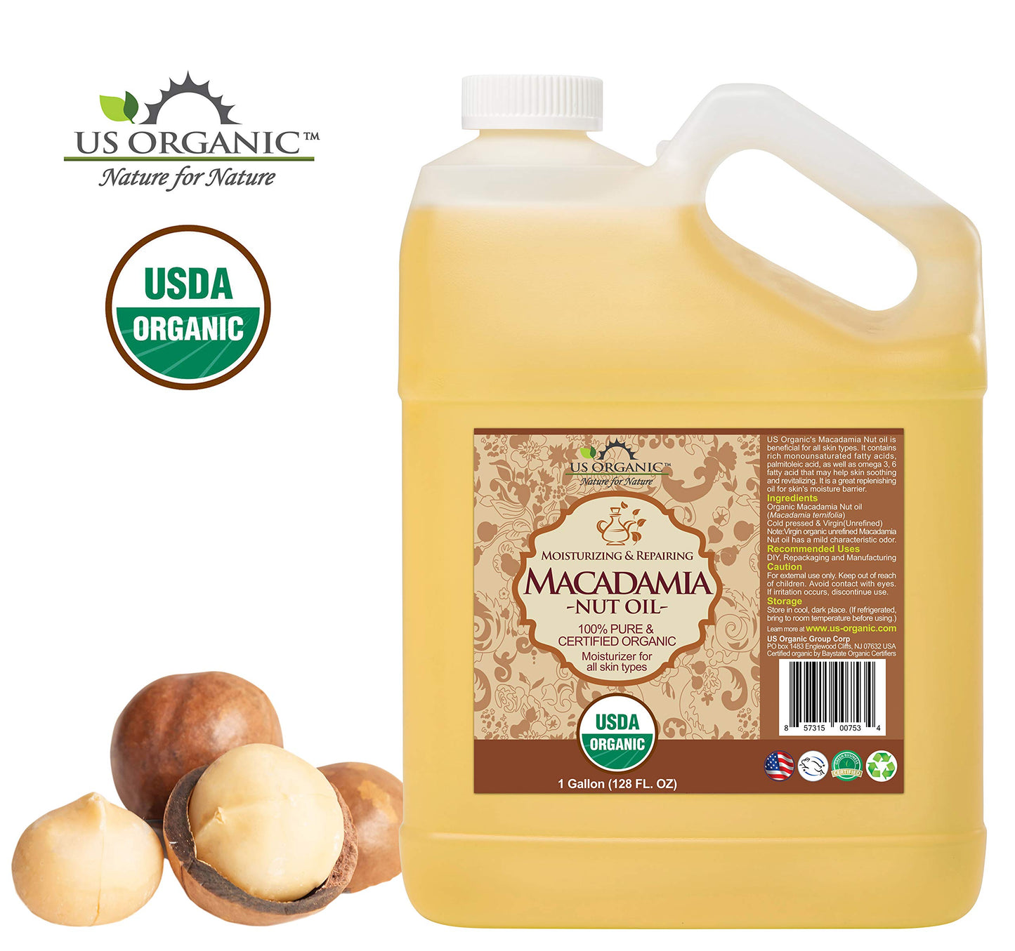 US Organic Macadamia Nut Oil, Unrefined Virgin, Cold Pressed, 128 Fl Oz (1 Gallon)