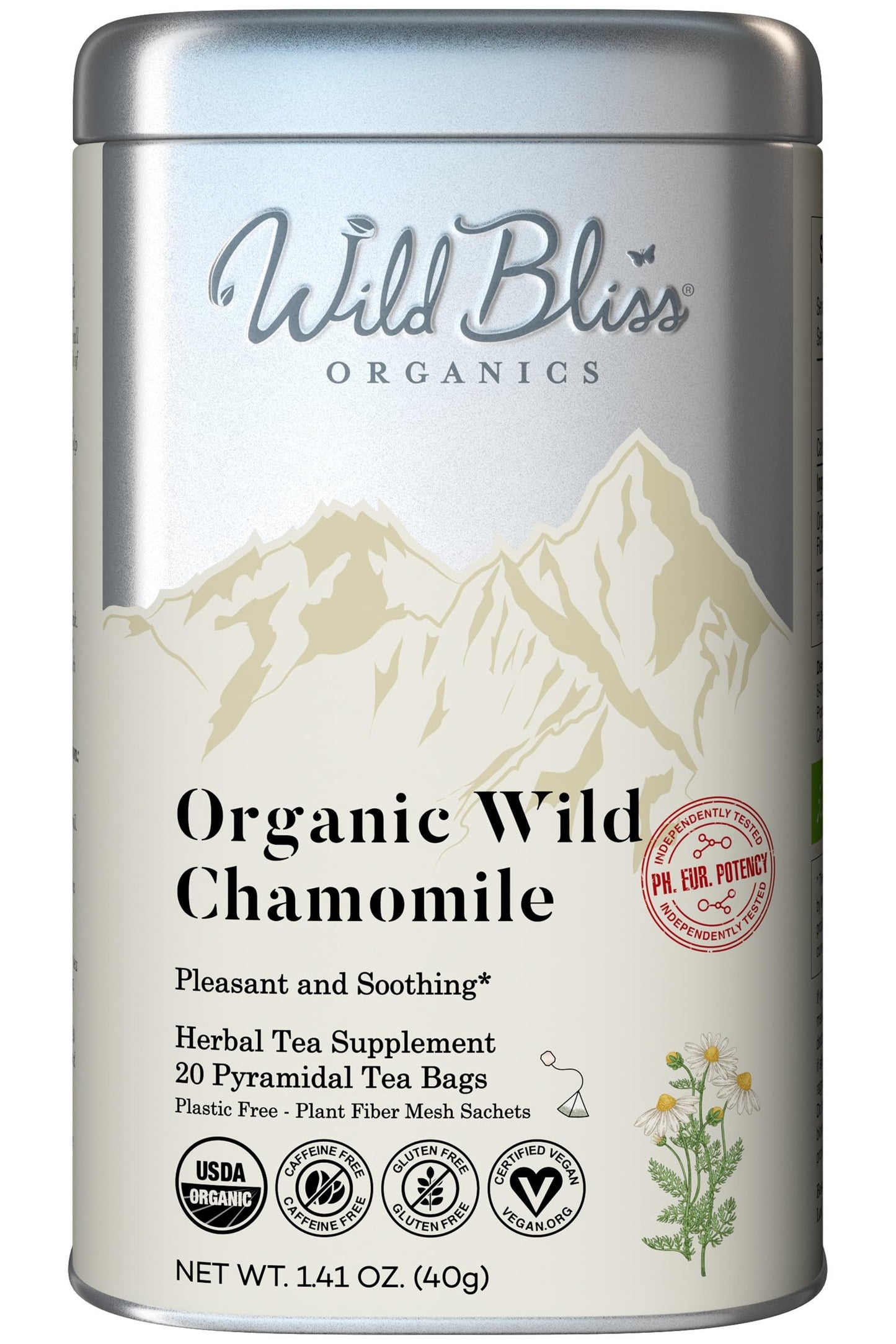 Wild Bliss Organic Chamomile Tea - Caffeine Free Herbal Support - 20 Plant Based Tea Bags