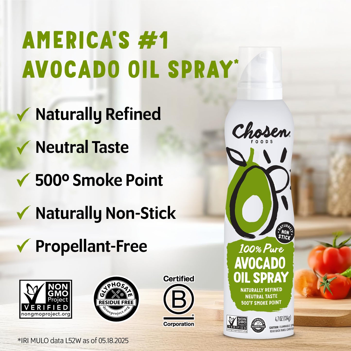 Chosen Foods 100% Pure Avocado Oil Spray 4.7 oz (1 Pack), Non-GMO, 500F Smoke Point, Propellant-Free, Air Pressure Only for High