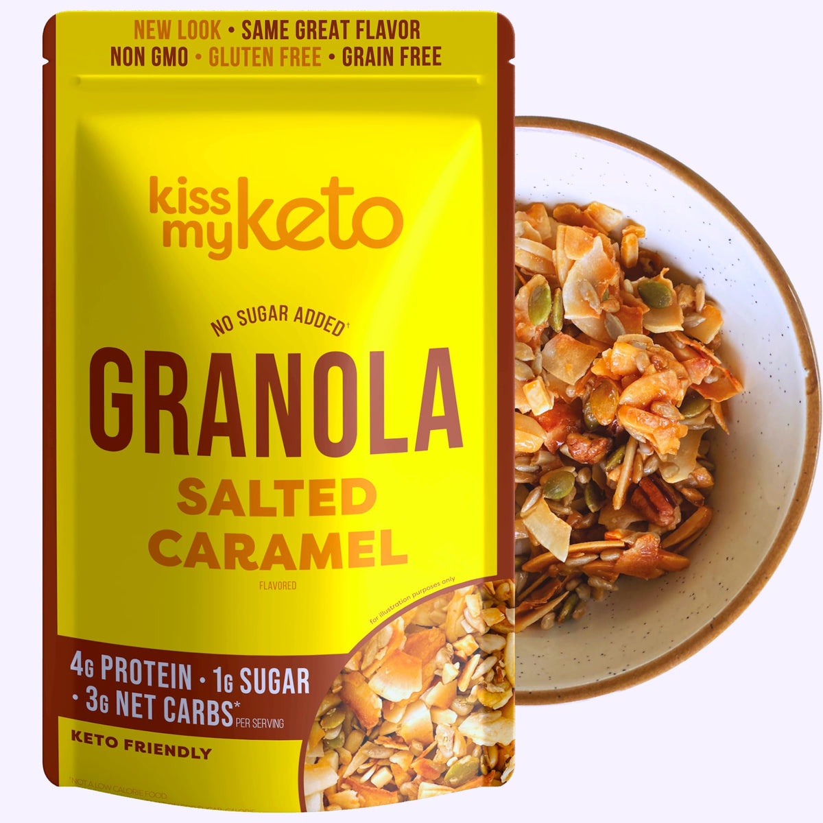 Kiss My Keto Sugar Free Granola, Salted Caramel 1-Pack - Curb Cravings with Few Net Carbs - Allulose Sweetened, Resealable & Glu