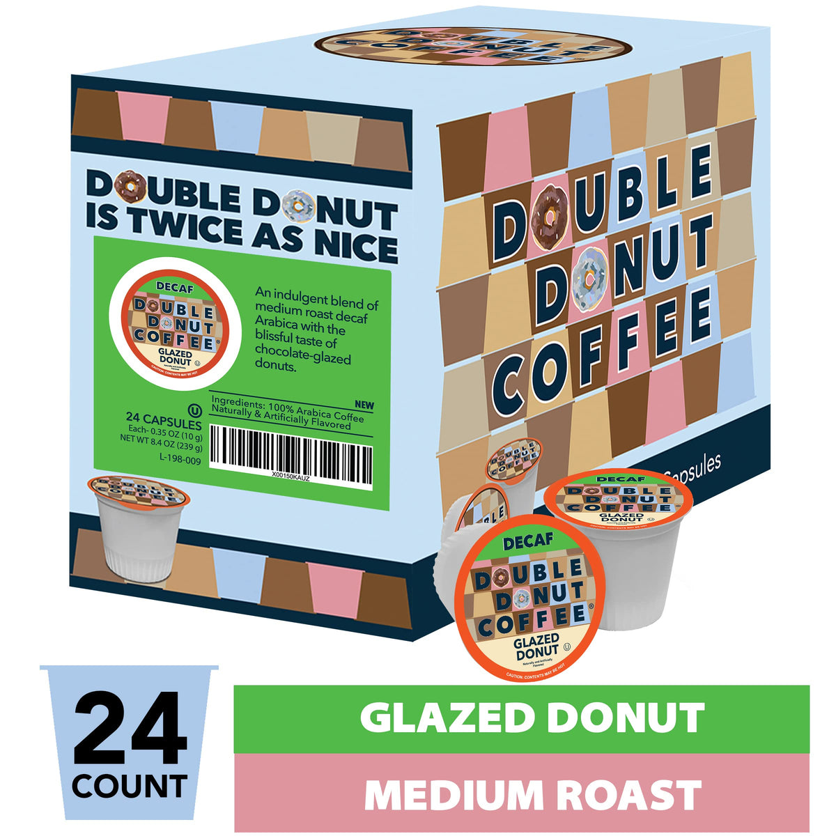 Double Donut Coffee Medium Roast Decaf Pods, Glazed Donut Flavor, 24 Count, for Keurig K-Cup Machines