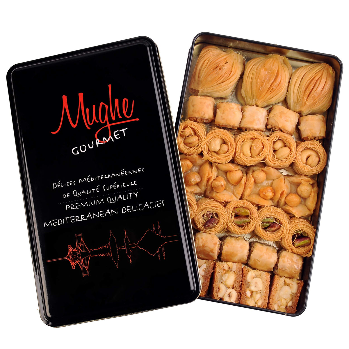 Mughe Gourmet Assorted Baklava Pastry Gift Elegant Tin Box - 500g 1.1lb 32 pcs - Turkish Pistachio, Almond, Walnut, Cashew, Haze