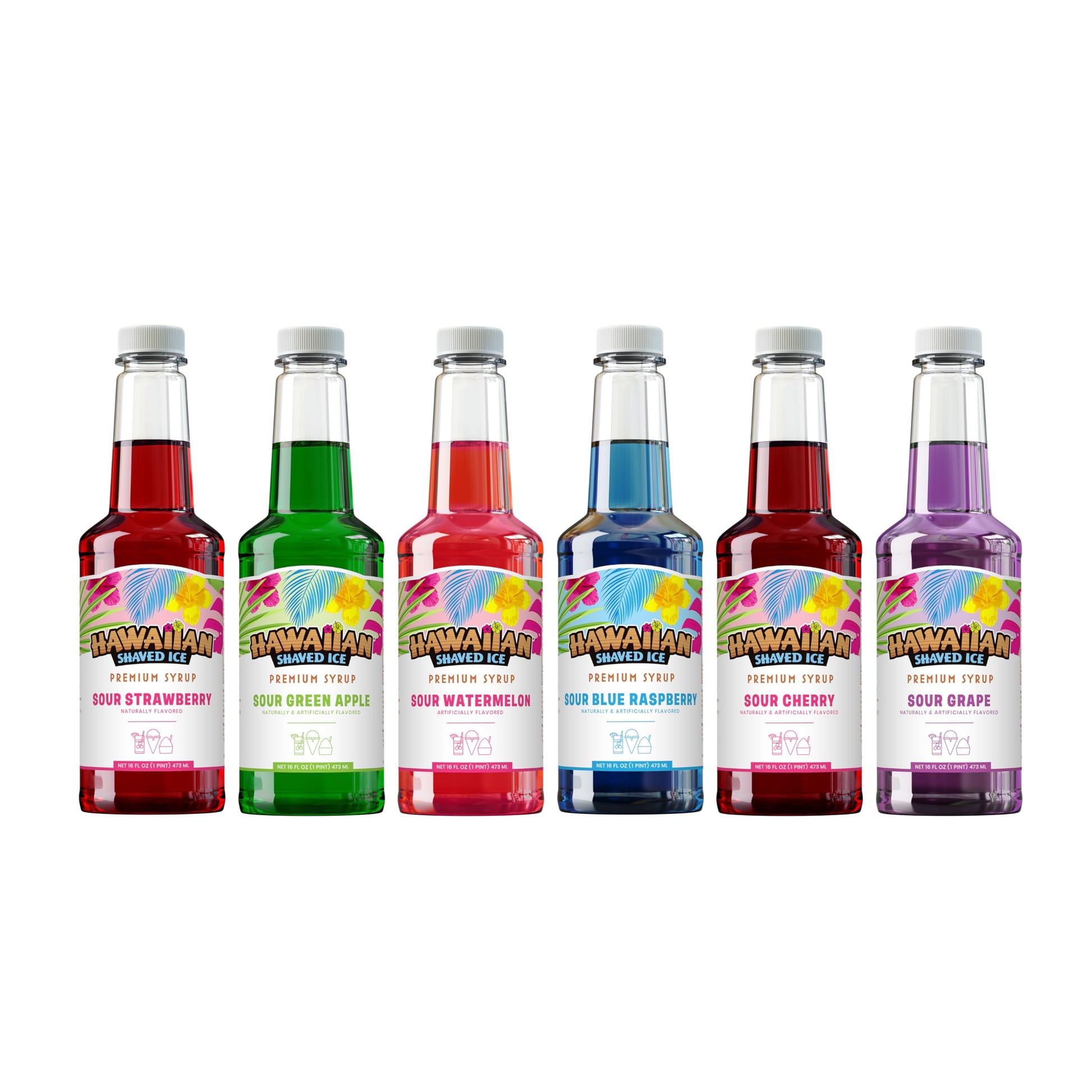 Hawaiian Shaved Ice Syrup 6-Pack, Sour Flavors for Slushies, Italian Soda, 16 Fl Oz Each