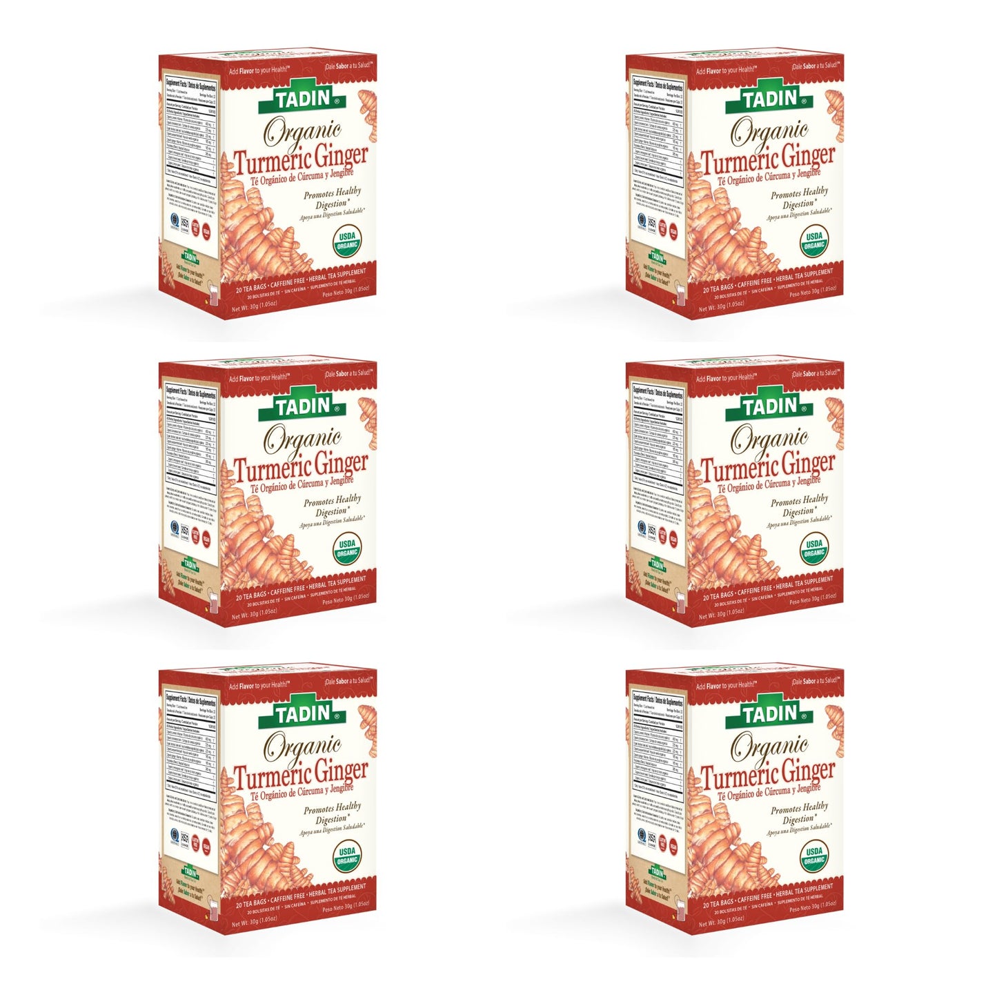 Tadin Organic Turmeric Ginger Tea, Caffeine Free Herbal Tea, 20 Count, Pack of 6, Model 7-67531-55253-7
