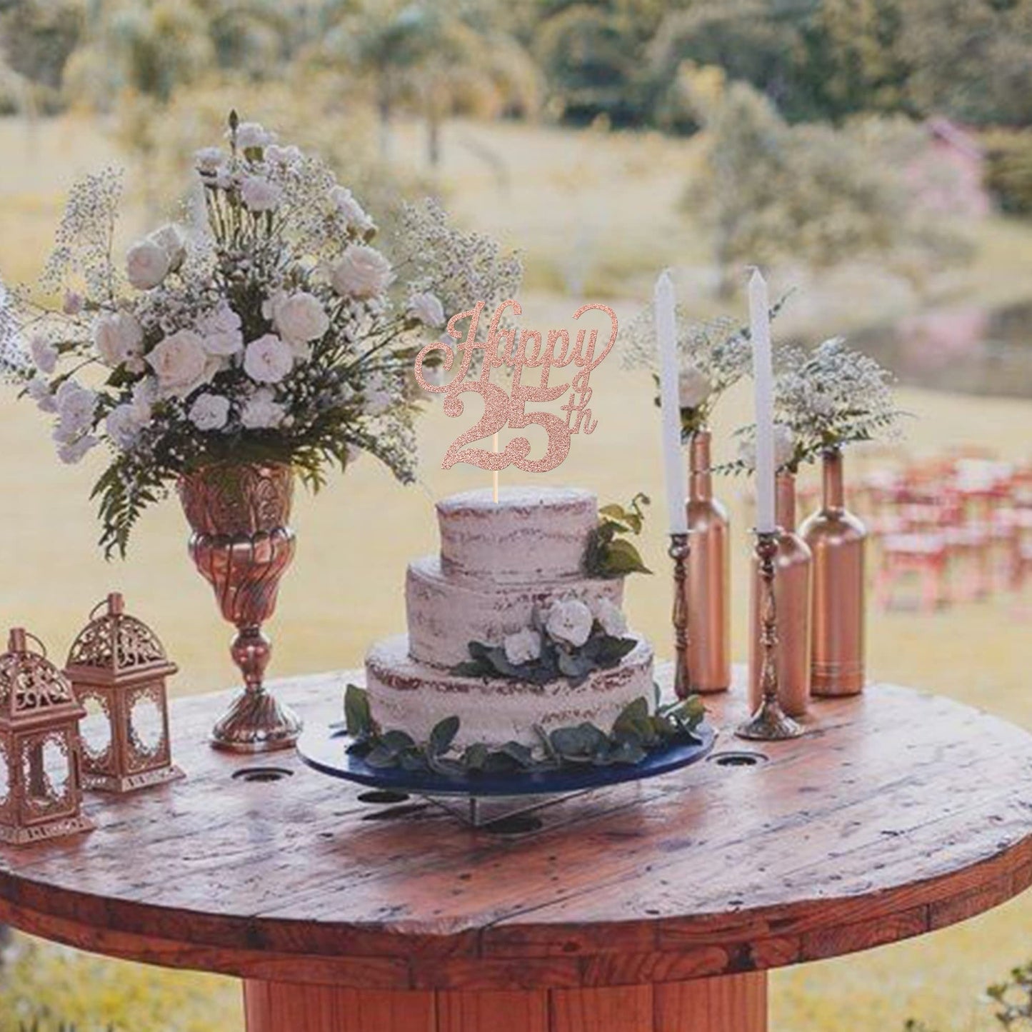 YCTHUNFISH Happy 25th Cake Topper, Black Glitter Number 25, Rose Gold, Bamboo Decorations for 25th Birthday Wedding Anniversary Party Supplies