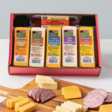 Wisconsin Cheese Company - Specialty Cheese & Summer Sausage Gift Box - 100% Wisconsin Gouda  Rich Flavor Cheddar  Salami  Tomato Basil Cheddar  Swiss (Pack Of 5 Blocks) | Perfect For Parties  Charcuterie Boards And Birthdays | Great Birthday Gift