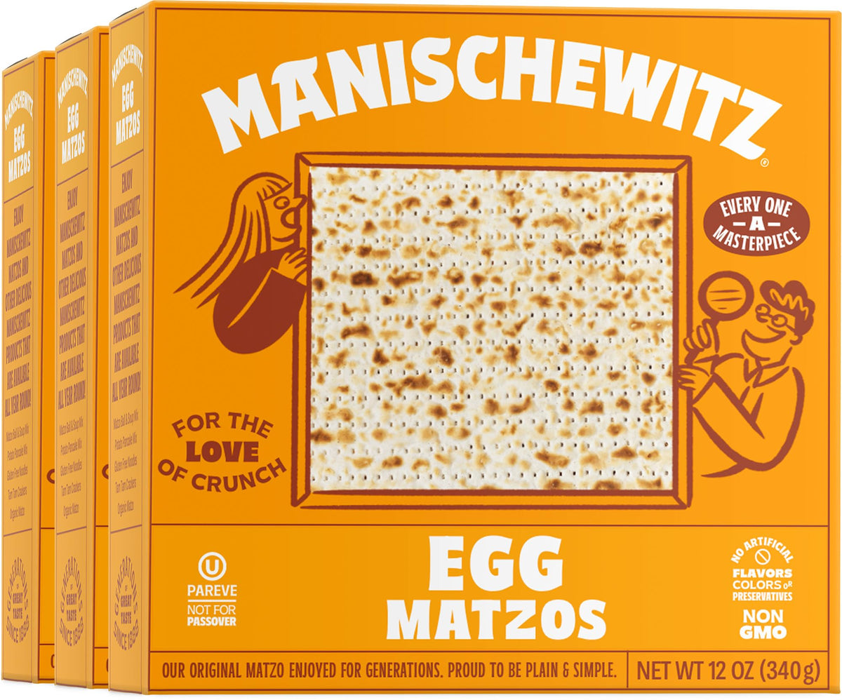 Manishewitz Egg Matzo 12oz (3 Pack) Kosher (Not For Passover), Thin, Crisp & Light Texture, Sodium Free, No Artificial Flavors, 