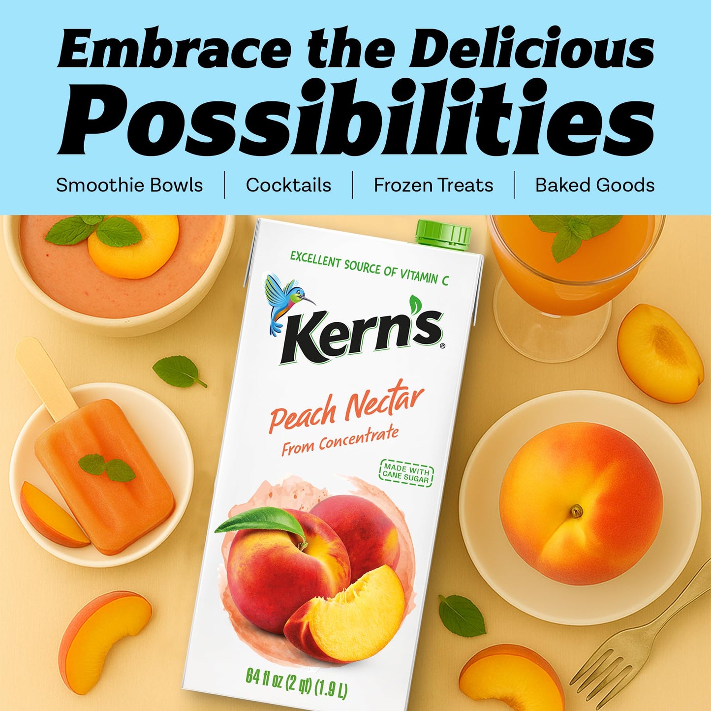 Kerns Peach Juice Nectar - Peach Nectar Made with Fresh Fruit Puree - Fruit Juice Concentrate for Smoothie Mix  Cocktail Mixers & Kids Drinks & Beverages - 64oz  8 Pack Carton