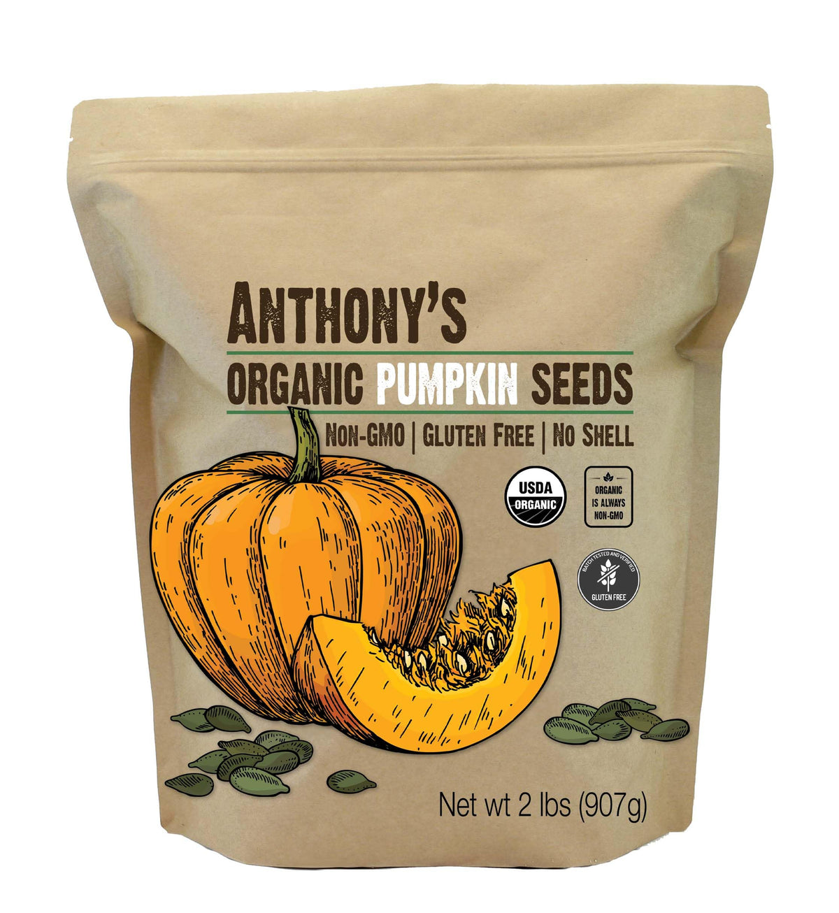 Anthony'S Organic Pumpkin Seeds, 2 Lb, Gluten Free, Non Gmo, No Shell, Unsalted, Raw