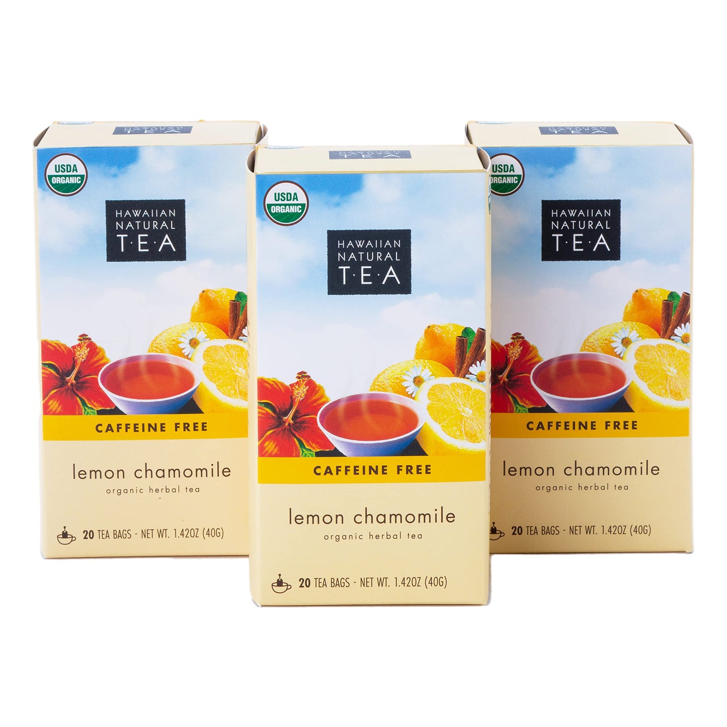 HAWAIIAN NATURAL T·E·A Organic Lemon Chamomile Tea - Caffeine Free Herbal - 60 Tea Bags - Calming, Relaxing for Bedtime