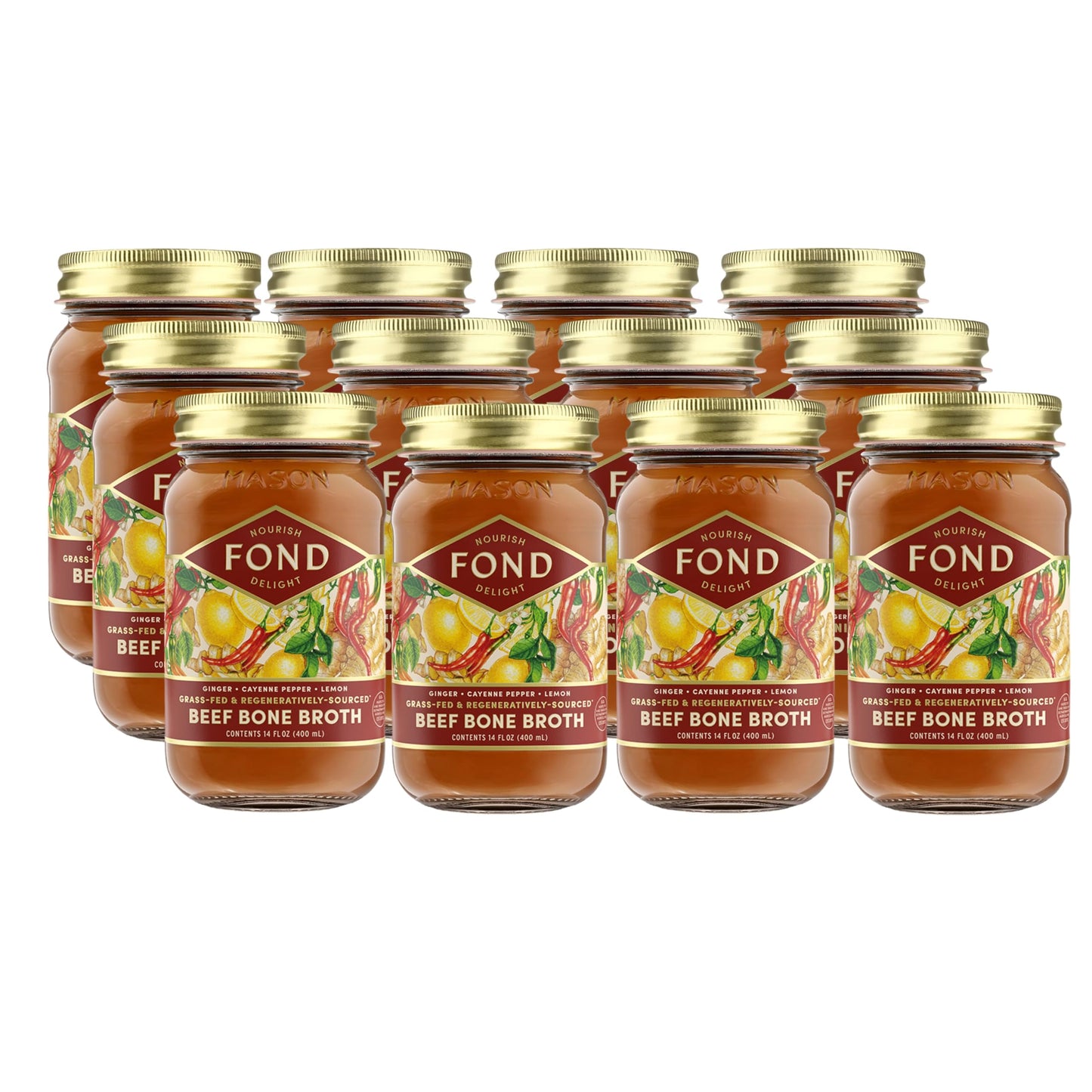 FOND Regenerative Beef Bone Broth with Ginger & Cayenne – 14 oz (12-Pack)