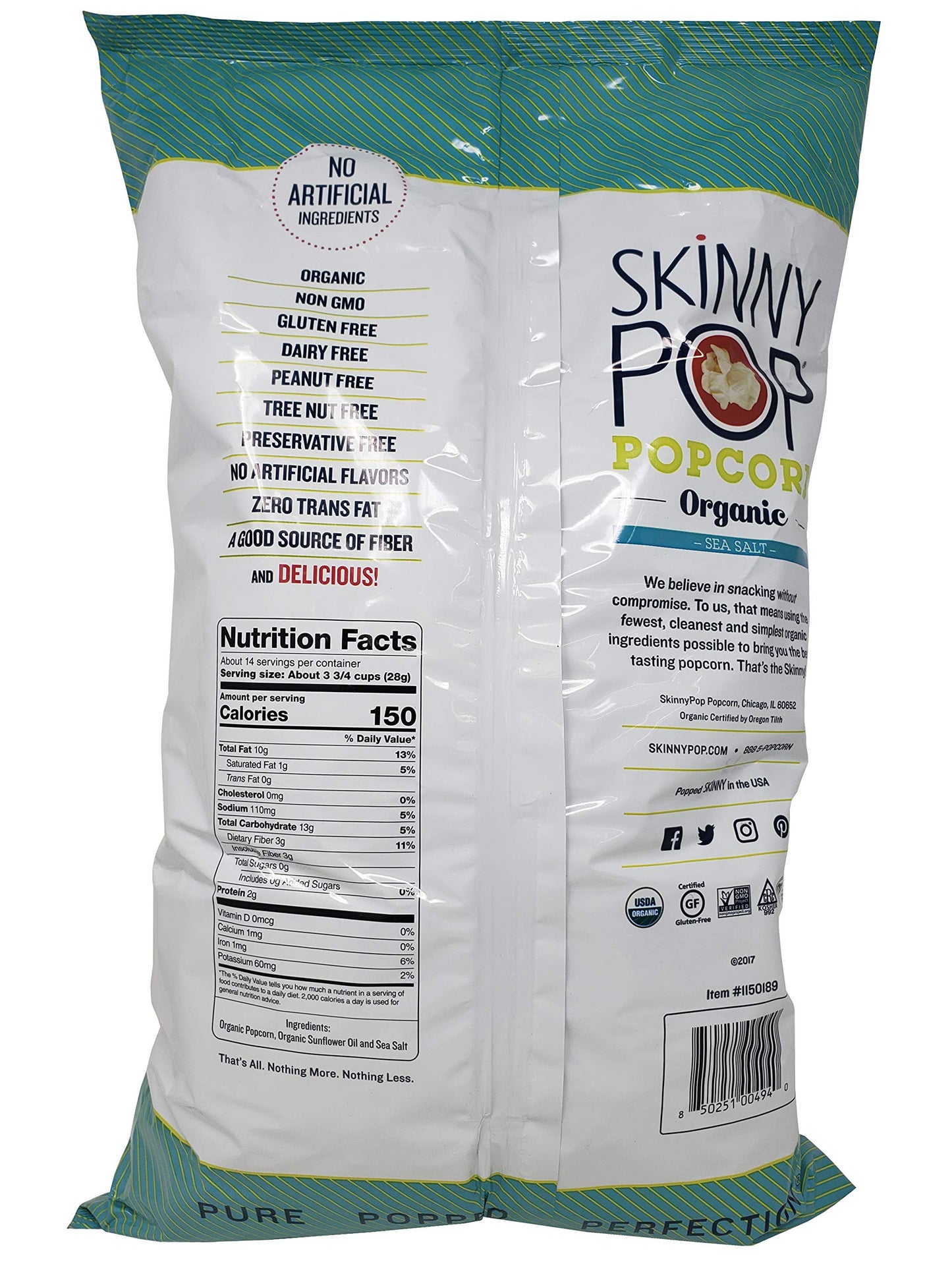 Skinny Pop Organic Popcorn Sea Salt Pure Popped Perfection 14 OZ
