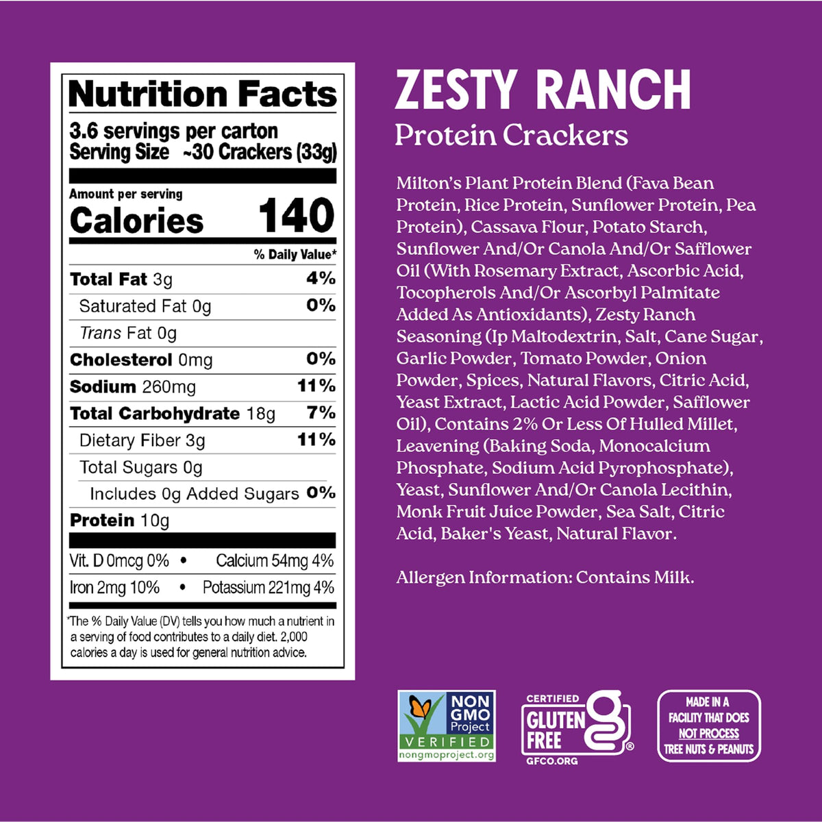 Miltons Protein Crackers, Zesty Ranch - 10g of Plant-Based Protein Per Serving, Gluten Free, Non-GMO Project Verified, Vegetari