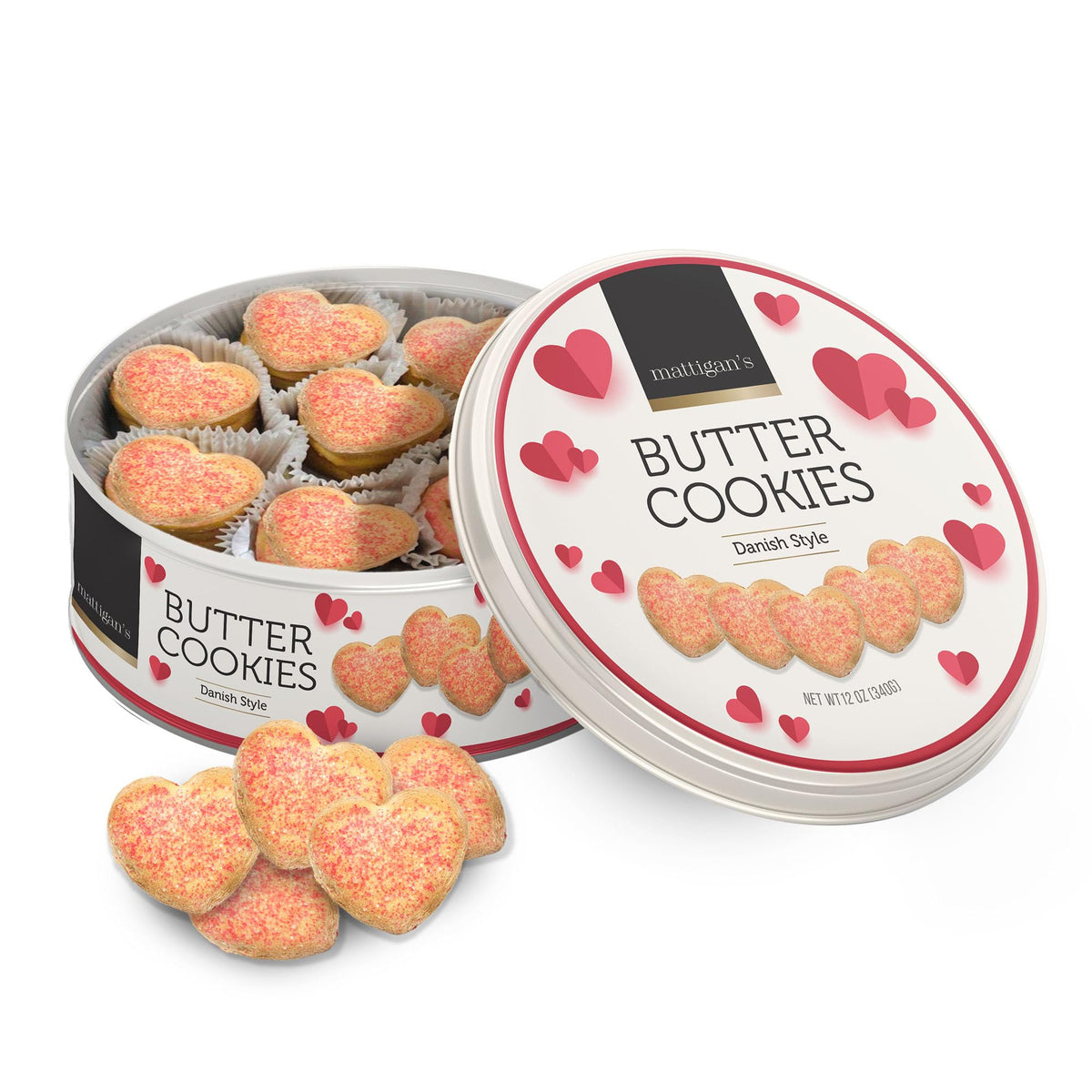Mattigans Pink Heart Butter Cookies Danish Style Cookie, 12 Oz Tin, Gourmet Gifts, Holidays, Birthday, Special Occasions, Assor