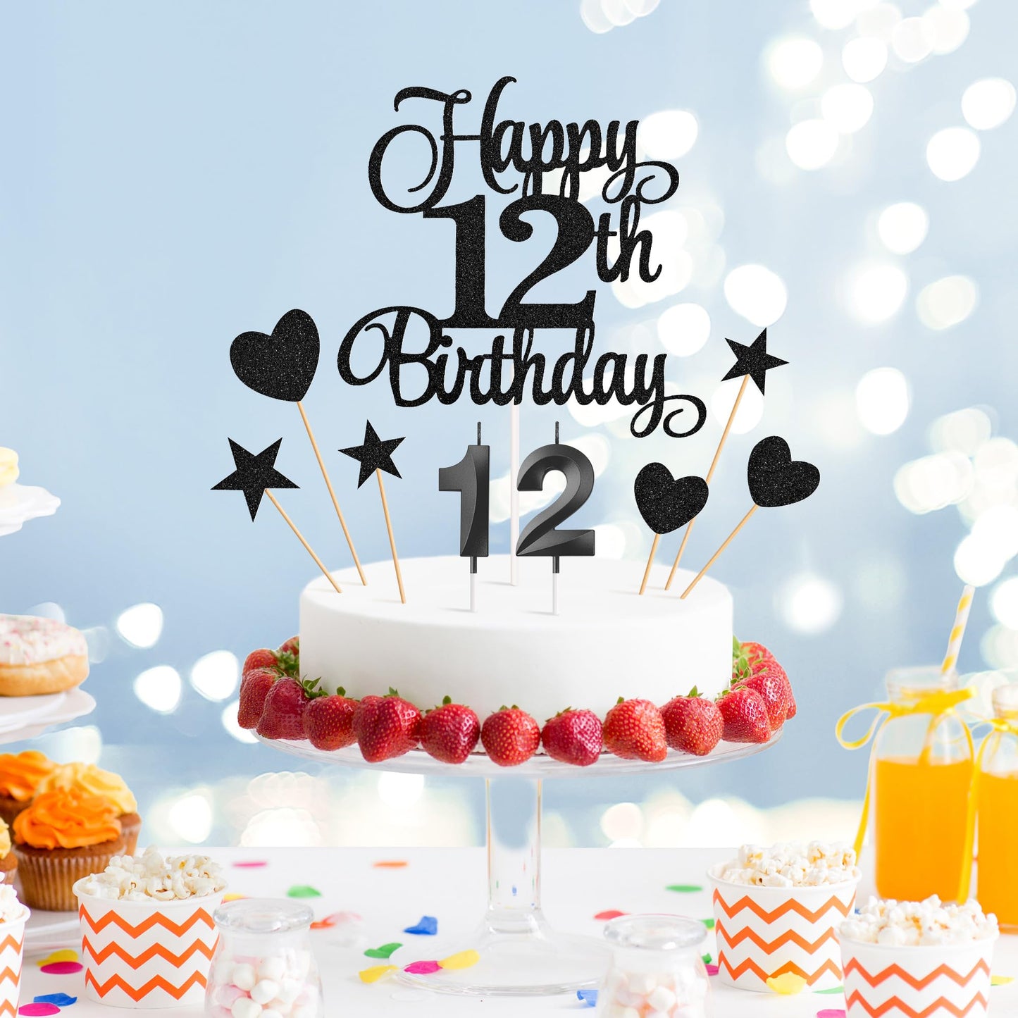Lecferrarc 12th Birthday Cake Decorations Set, Glitter Happy 12th Birthday Toppers, Black, Paper, Includes Numeral Candles