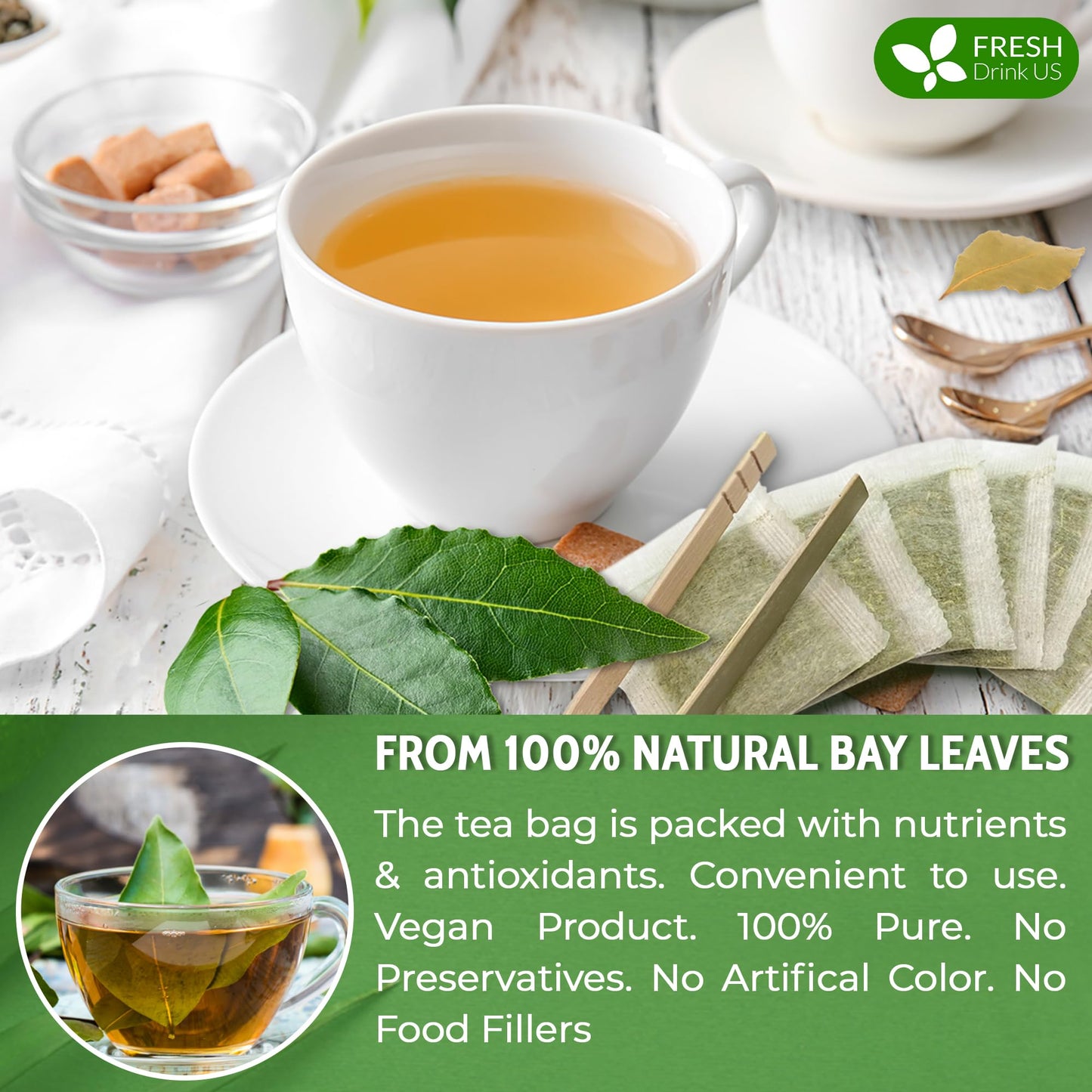 FRESHDRINKUS Bay Leaf Herbal Tea - 100% Natural, Vegan - 105 Tea Bags, No Sugar, No Caffeine, Gluten-Free