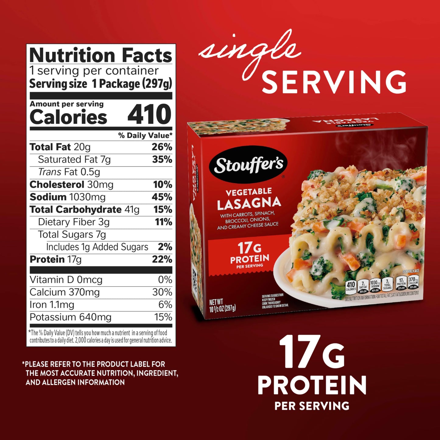 Stouffers Vegetable Lasagna, Single Serve, Frozen Entrees for One, Veggie Lasagna, Single Frozen Meals