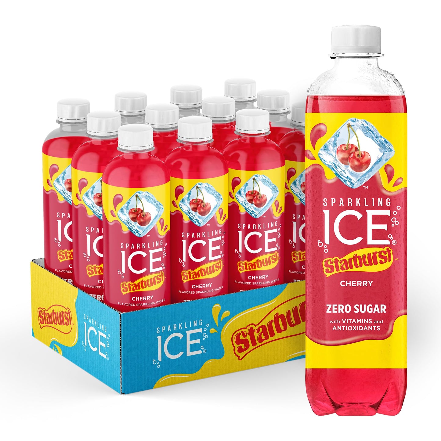 Sparkling Ice STARBURST Cherry, Zero Sugar Flavored Sparkling Water, with Vitamins and Antioxidants, Low Calorie Beverage, 17 fl