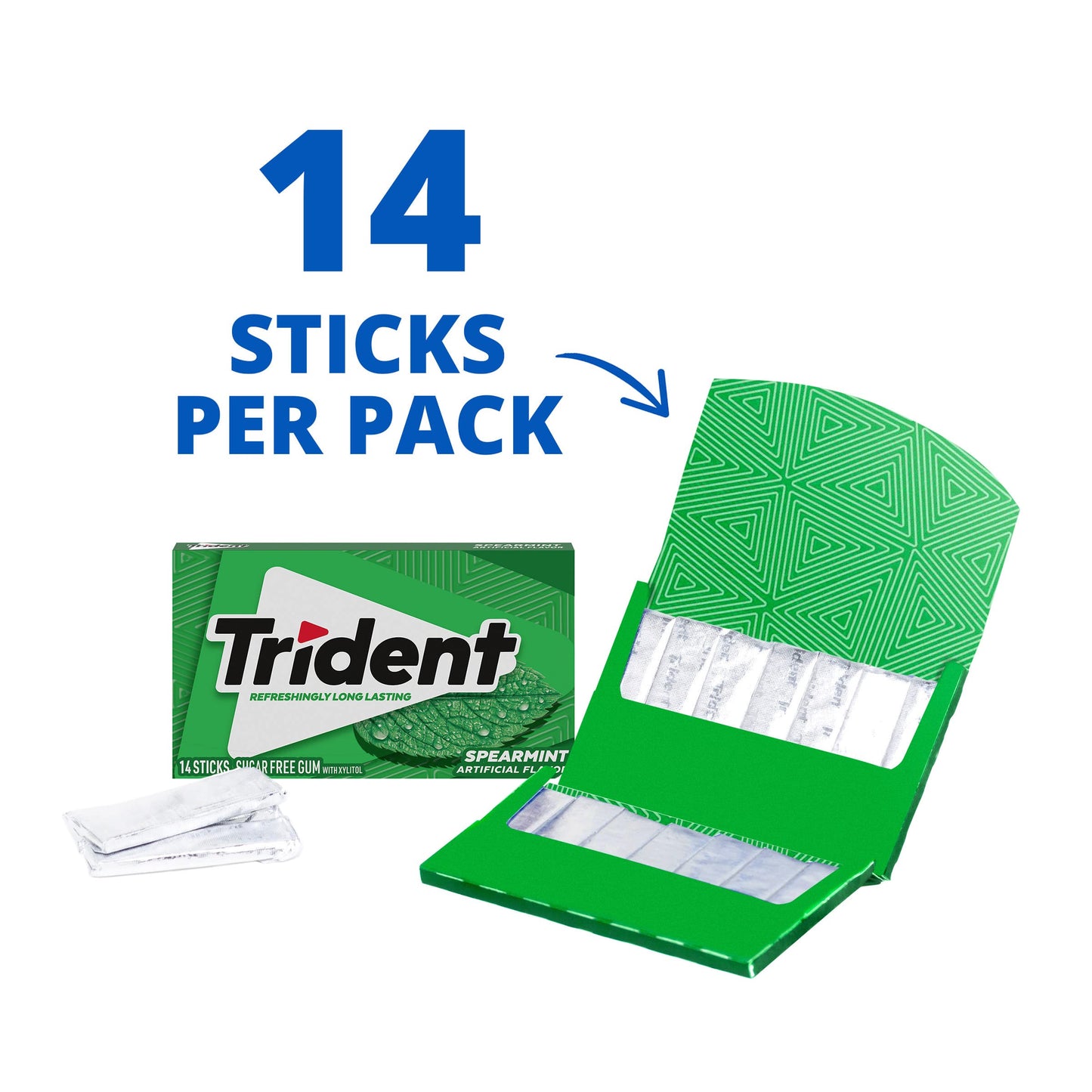 Trident Spearmint Sugar-Free Chewing Gum, 14 Count, Green, Model 120475