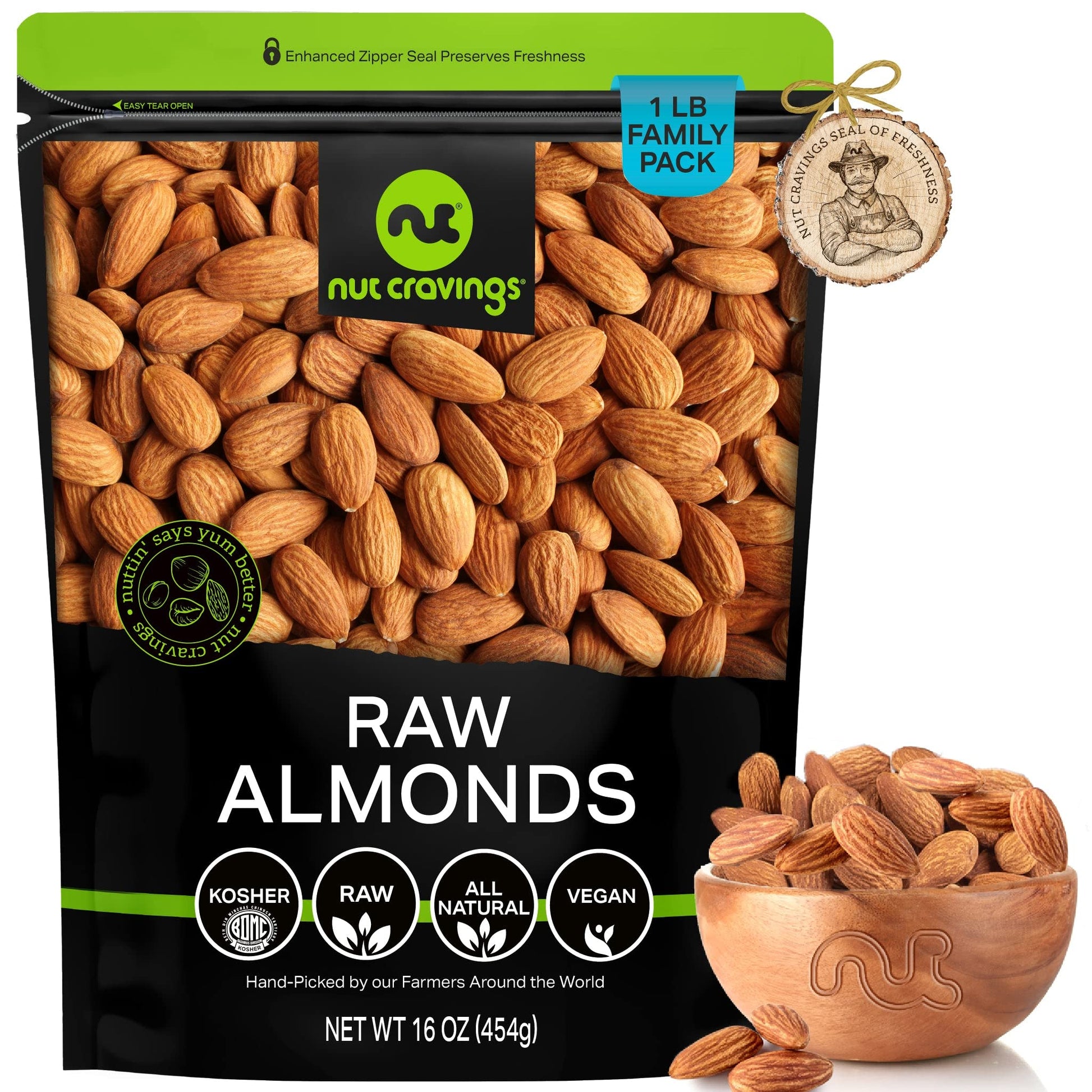 Nut Cravings Raw Whole Almonds, Unsalted, Shelled, 16oz, Keto Vegan Snack