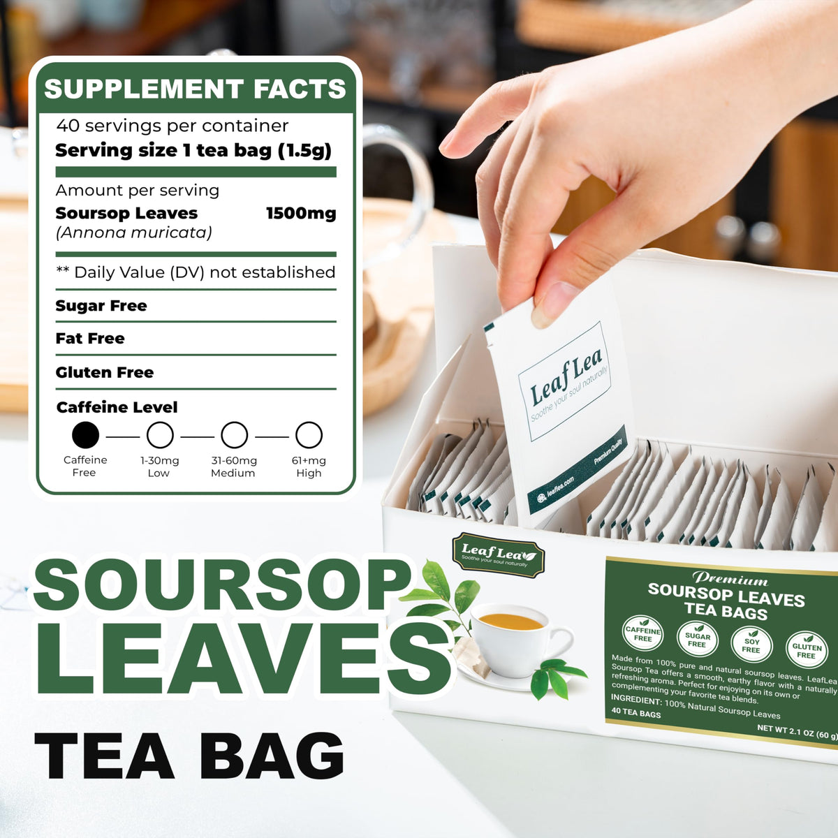 LeafLea Soursop Leaf Tea Bags - Natural Digestive Support, Caffeine-Free, 40 Bags
