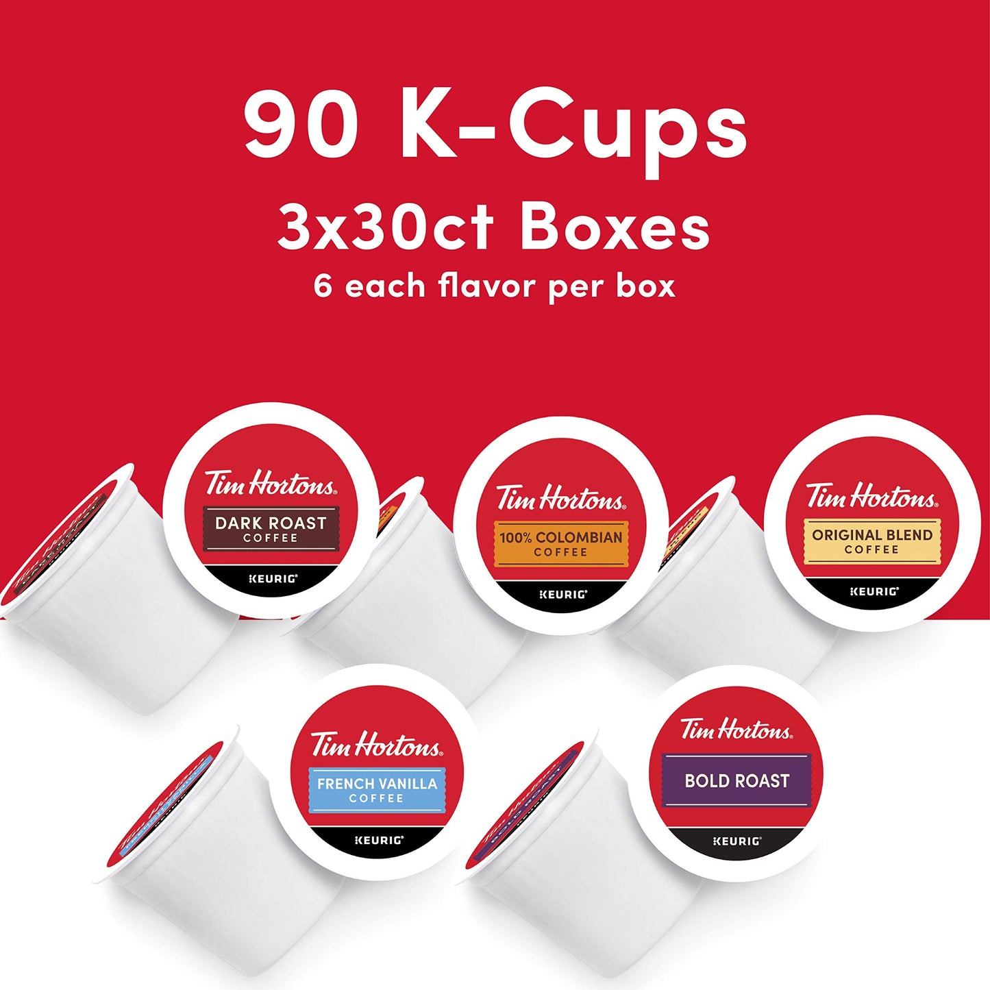 Tim Hortons Coffee Variety Pack, Single-Serve K-Cup Pods, 90ct Total, Compatible with Keurig, Red, 30 Count (Pack of 3)