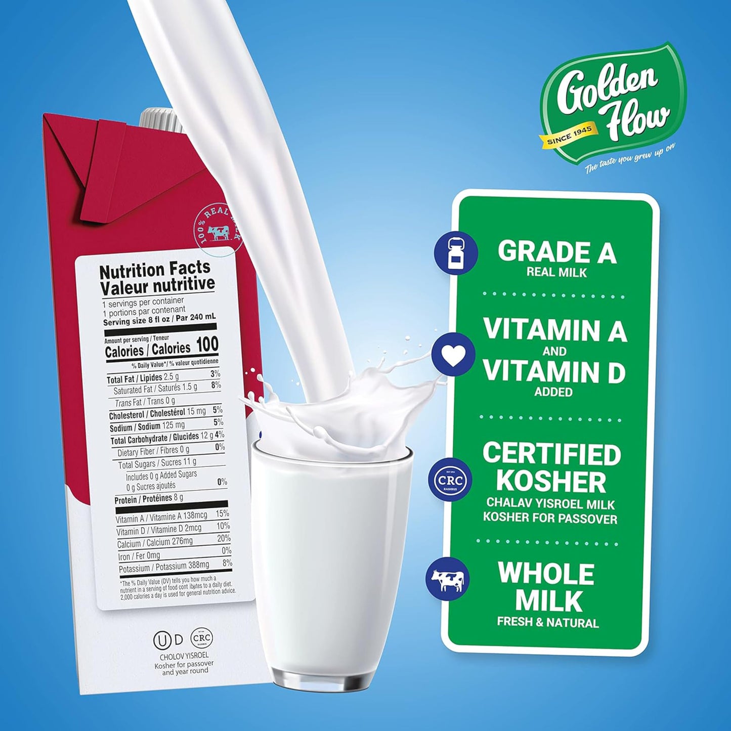 Golden Flow Shelf Stable Whole Milk - UHT 8oz Boxes (12 Pack), 100% Grass Fed, High in Omega-3 & Vitamin D, No Refrigeration Nee