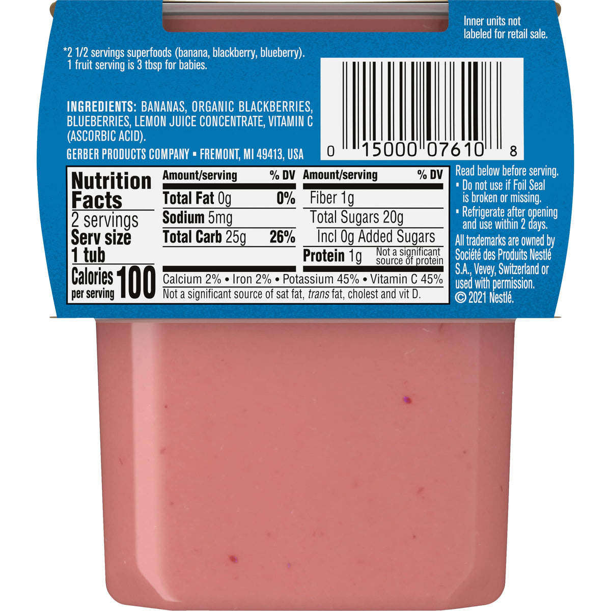 Gerber Wonder Baby Foods Banana Blackberry Blueberry, 4 Oz, 2 Ct Tubs