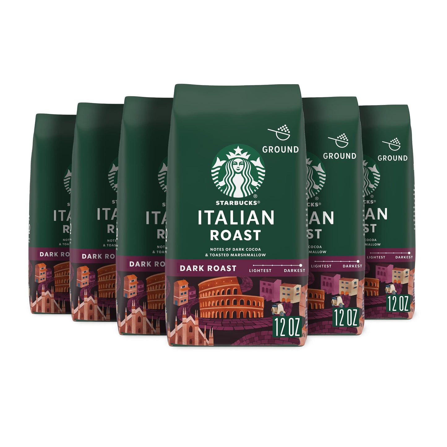 Starbucks Ground Coffee, Dark Roast Italian Roast, 12 oz Bags, 6-Pack, 100% Arabica