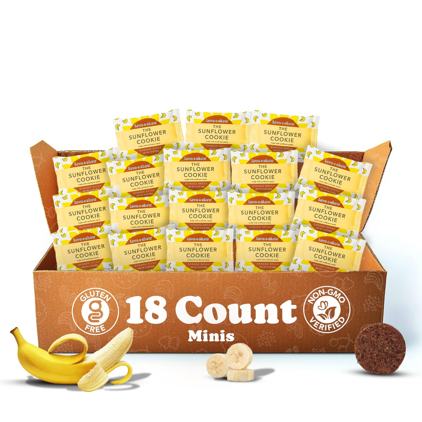Love + Chew Soft Baked Protein Cookies, Gluten Free | (18) Count Sunflower Banana Bread Minis | Vegan, Paleo, Non GMO and Packed