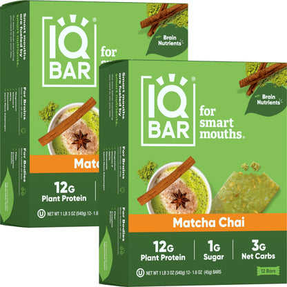 IQBAR Brain and Body Plant Protein Bars - Matcha Chai - 24 Count, Low Carb, High Fiber, Gluten Free, Healthy Vegan Snacks - Low 