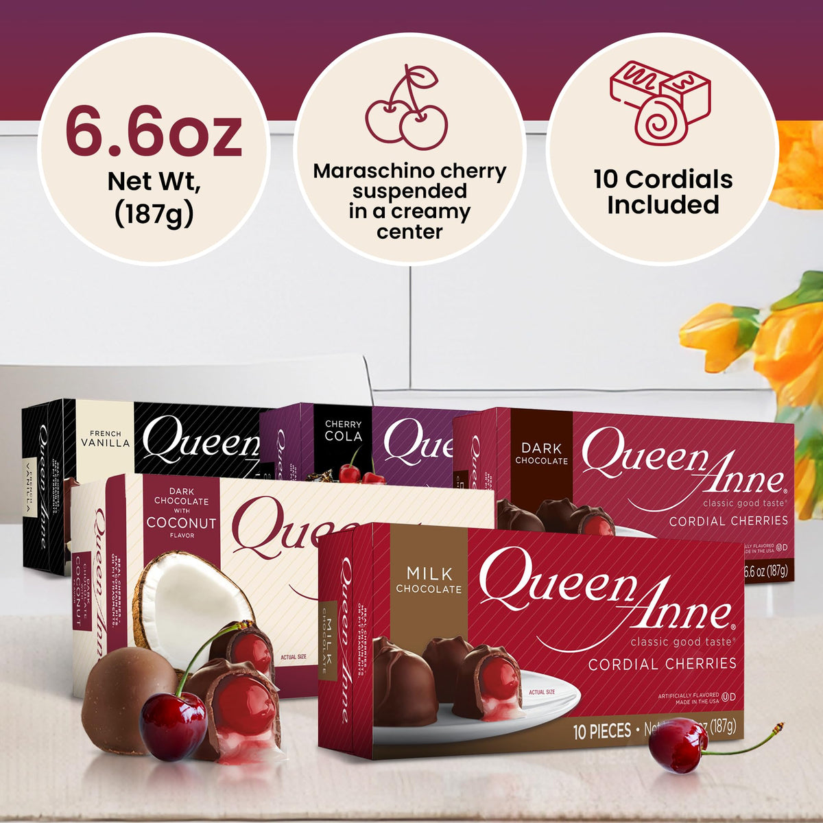 Queen Anne Chocolate Covered Cordial Cherries Variety Pack | 6.6 oz (Pack of 5) | 10 Piece Boxes | Whole Maraschino Cherry Creamy Filled Liquid Center | Holiday Party Chocolate Candy