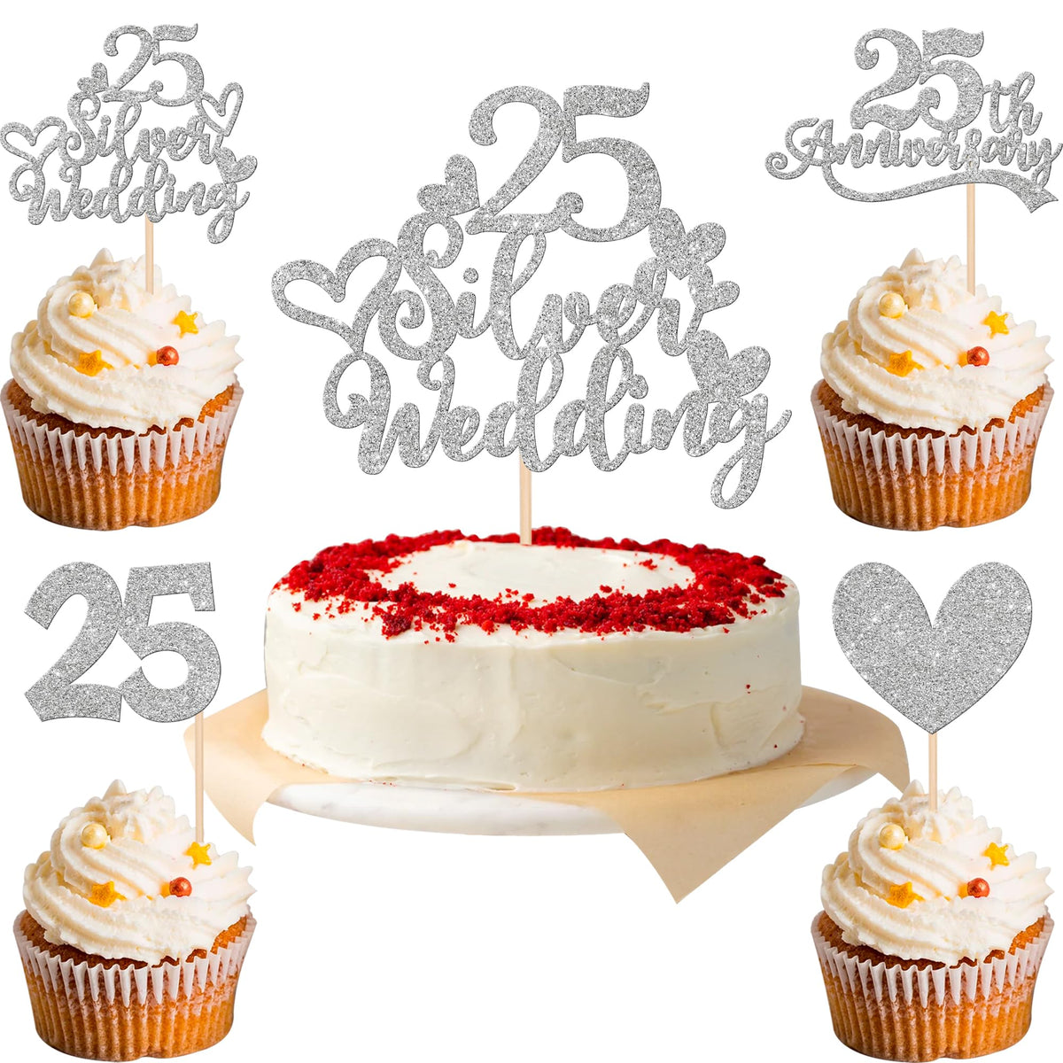 25 PCS 25th Anniversary Cupcake Toppers with 25 Silver Wedding Cake Topper Glitter Heart 25th Wedding Anniversary Cupcake Picks 