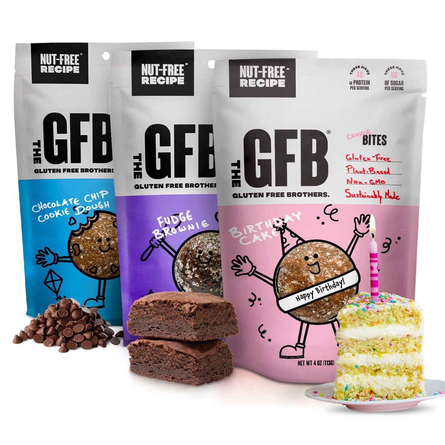 The Gfb Gluten Free Protein Cookie Bites Nut Free Variety Pack – Super Tasty Allergen Friendly Fudge Brownie, Cookie Dough & Birthday Cake Vegan Protein Bites, 4 Oz (6 Count)