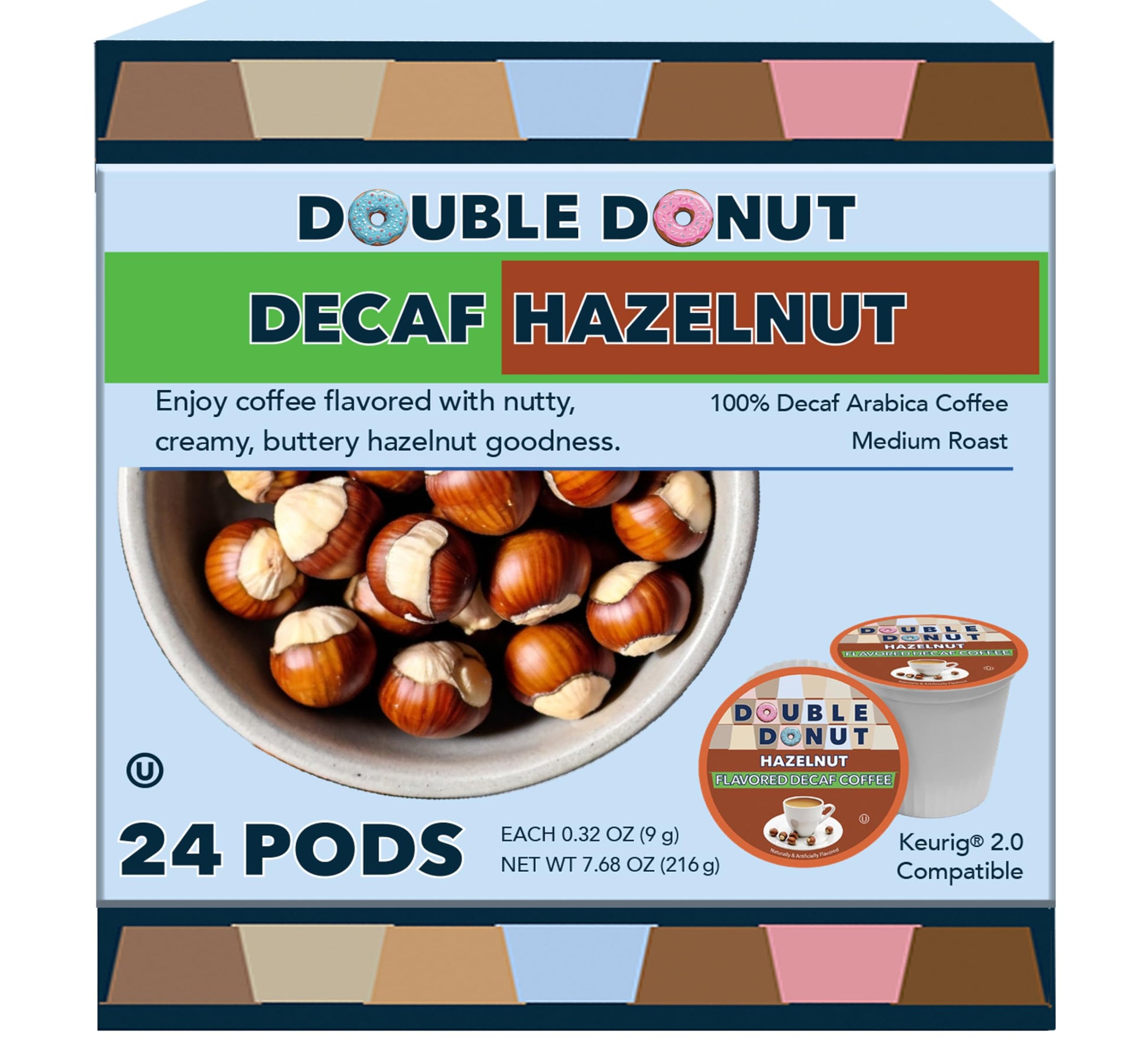 Double Donut Coffee Hazelnut Decaf Coffee Pods Medium Roast, 24 Count, for Keurig K Cup Machines