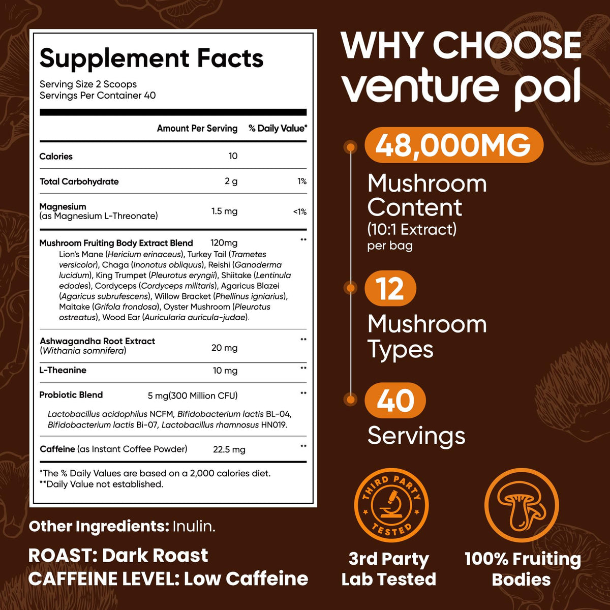 Venture Pal Mushroom Collagen Coffee - Instant Coffee with Biotin, Folate & Vitamin C - 30 Servings