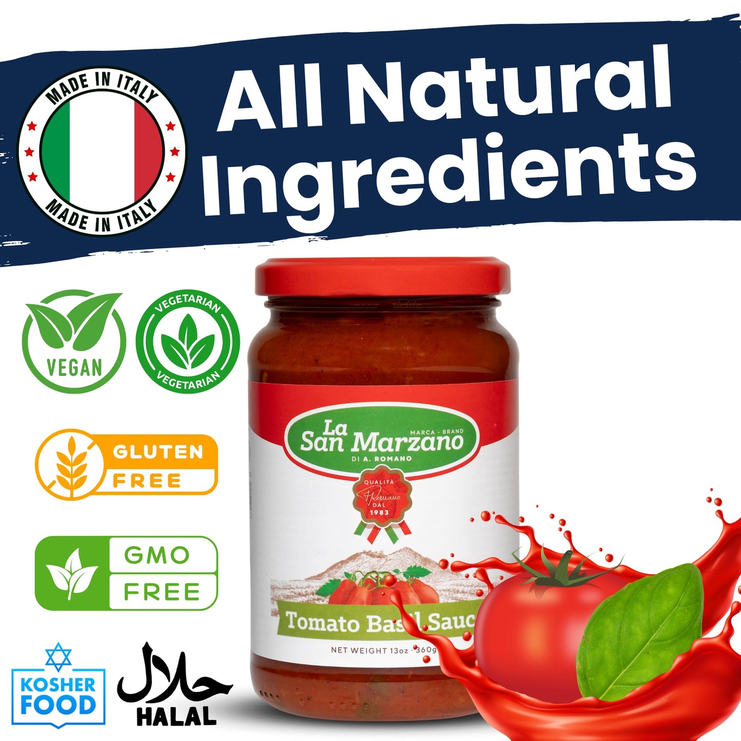 La San Marzano Tomato Basil Sauce, All Natural, Non-GMO, Vegan, Gluten Free, 13 oz (Pack of 3)