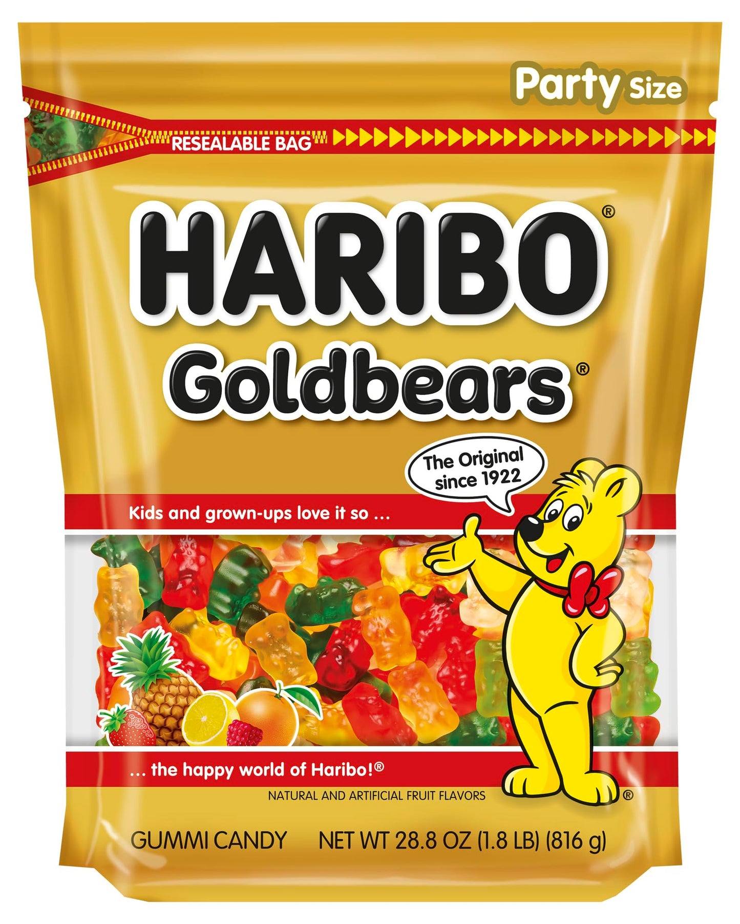 HARIBO Gummi Candy, Original Goldbears Gummy Bears, 28.8 Ounce Resealable Party Size Bag, Delicious Soft & Chewy Sweet Snacks, A