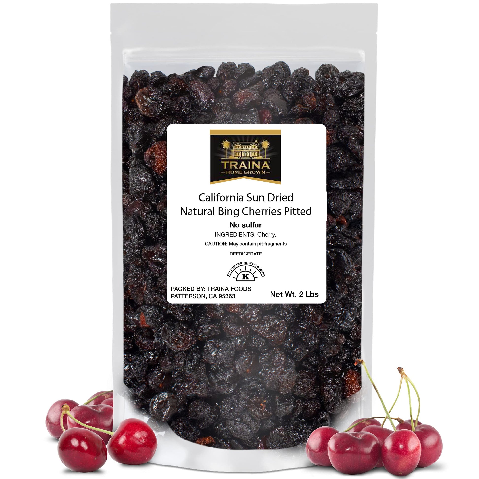 Traina Home Grown California Sun Dried Natural Pitted Cherries - Healthy, Natural, No Added Sugar, Non Gmo, Gluten Free, Kosher Certified, Vegan, Dark Red, Packed In Resealable Pouch (2 Lbs)