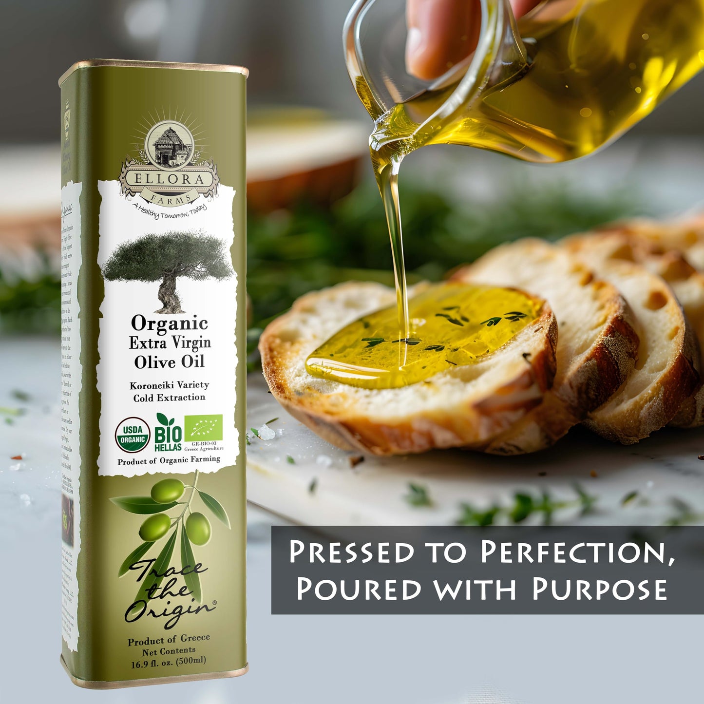 Ellora Farms USDA Organic Extra Virgin Olive Oil, Unfiltered, High Oleocanthal, 17 oz Tin, Pack of 4