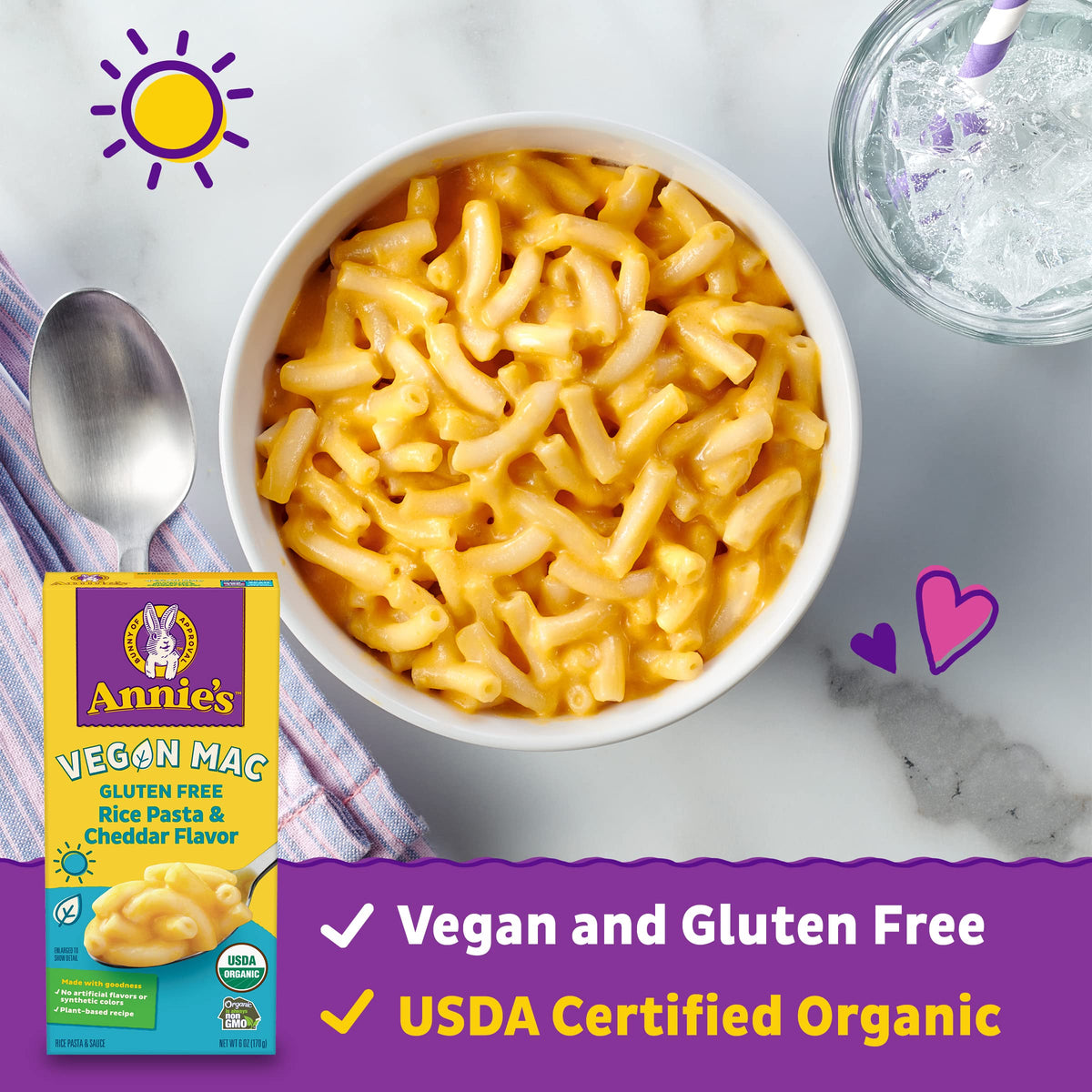 Annie’s Vegan Mac Rice Pasta and Cheddar Dinner, Organic Gluten Free, 6 OZ