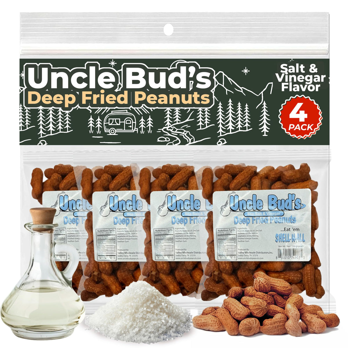 Uncle Bud's Deep Fried Peanuts In Shell (4-Pack) | Salt and Vinegar Peanuts, Salted Peanuts In The Shell, Shelled Peanuts Snack 