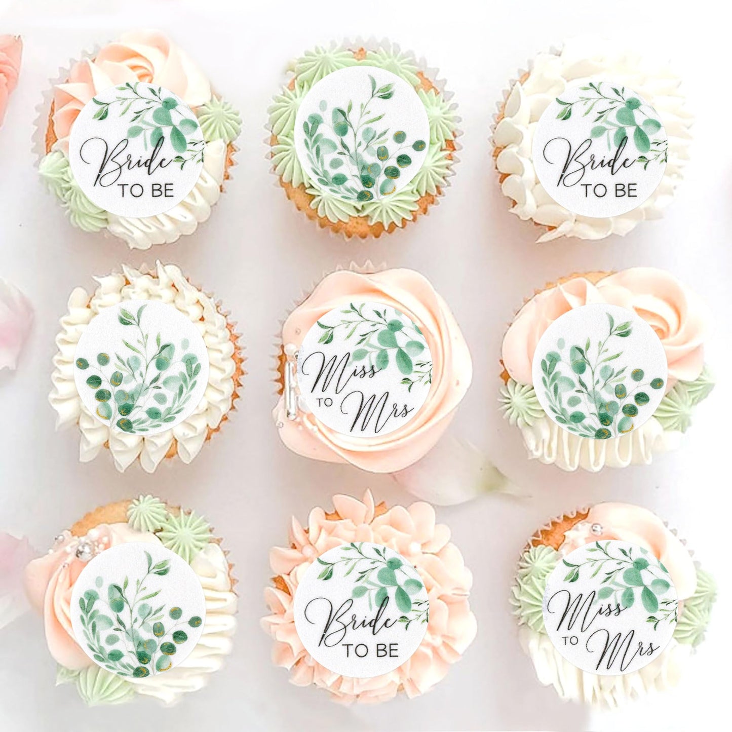 40Pcs Edible Greenery Bride To Be Cupcake Toppers Edible Circle Mr Mrs Cupcake Picks For Green Leaves Theme Bridal Shower Engagement Newly Married Happy Wedding Party Decorations
