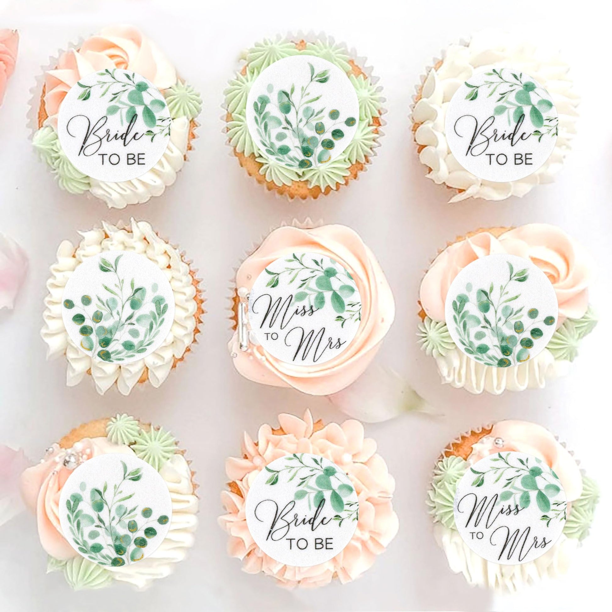 40Pcs Edible Greenery Bride To Be Cupcake Toppers Edible Circle Mr Mrs Cupcake Picks For Green Leaves Theme Bridal Shower Engagement Newly Married Happy Wedding Party Decorations