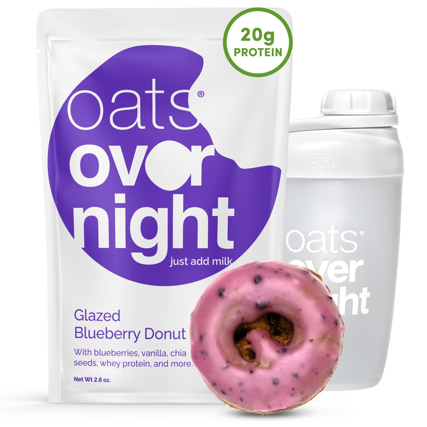 Oats Overnight Glazed Blueberry Donut - Overnight Oats With 20G Whey Protein  High Fiber Breakfast Protein Shake - Gluten Free Oatmeal  Non Gmo High Protein Oatmeal (2.8 Oz Per Meal) (8 Pack + Bottle)
