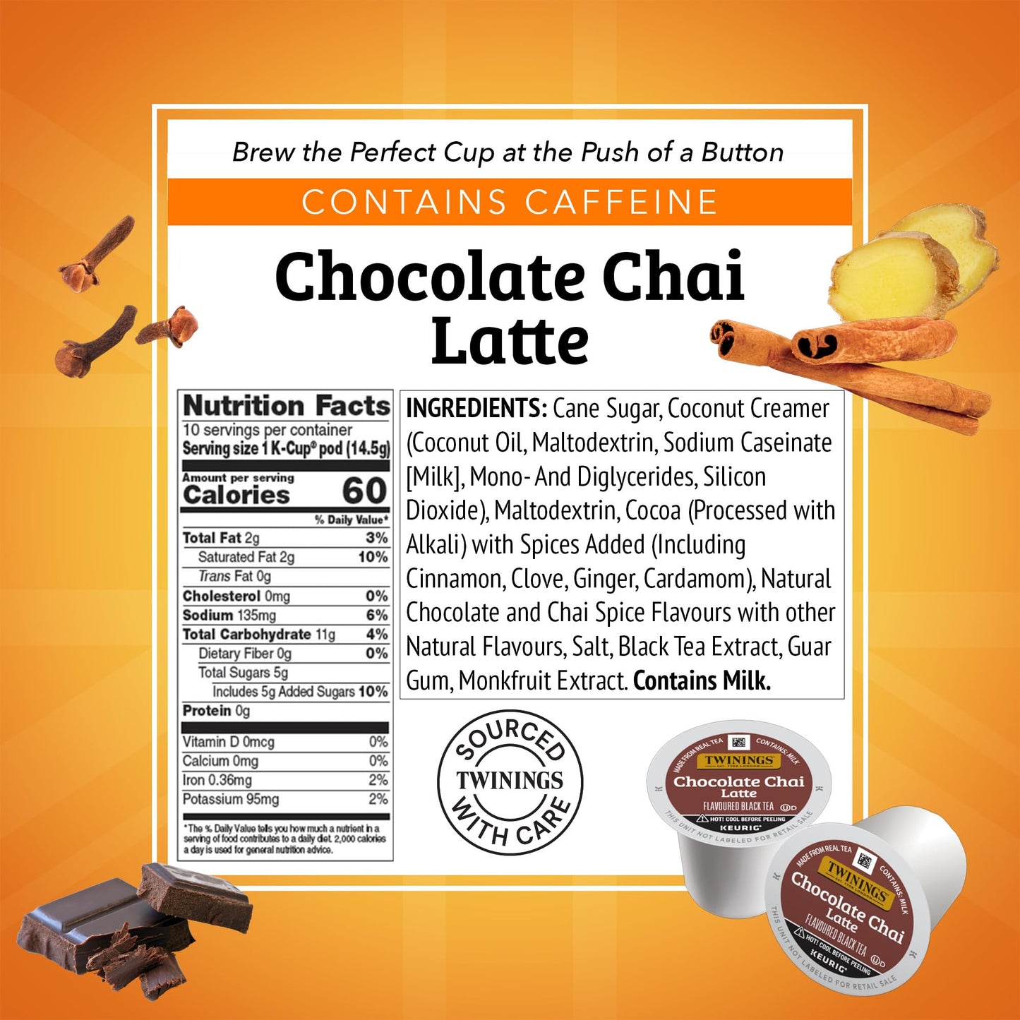 NEW Twinings Chocolate Chai Latte Tea 60 K-Cup Pods for Keurig, 10 Count (Pack of 6), Velvety Smooth Cocoa with Real Spiced Tea,