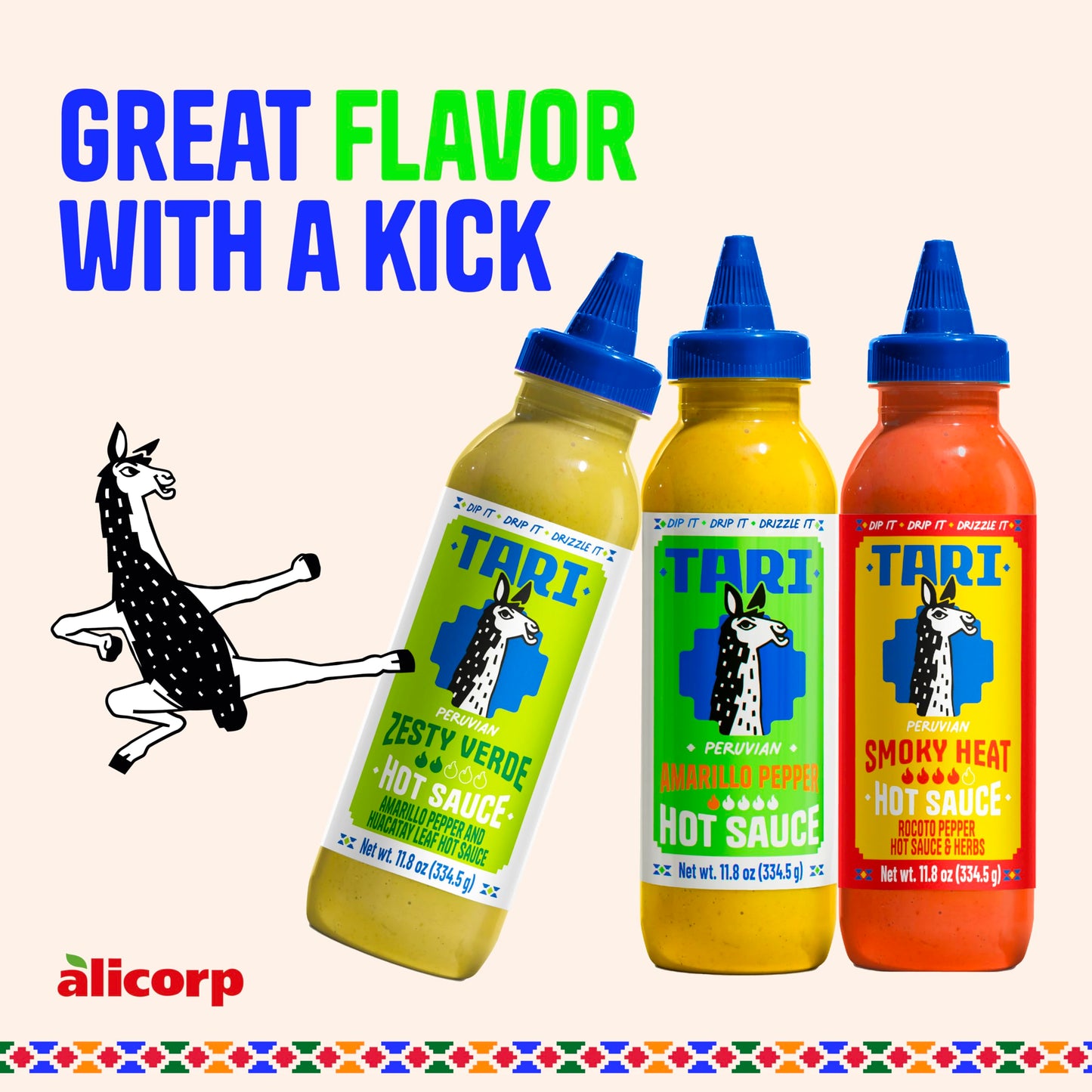 Tari Hot Sauce - Rocoto & Amarillo Pepper Variety Pack - Aji Amarillo + Zesty Verde + Smoky Heat - 11.8oz each (3Pk)