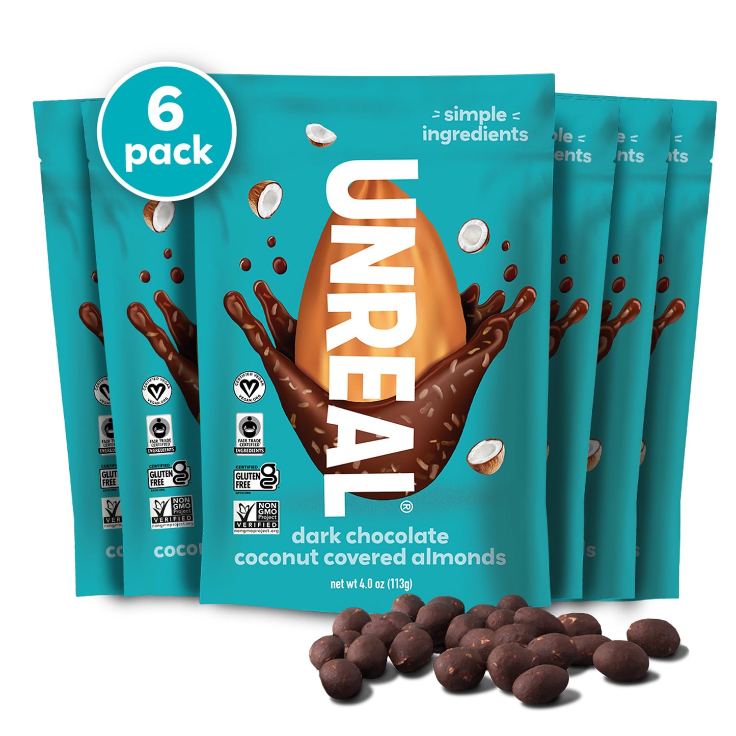 Unreal Dark Chocolate Coconut Almonds (6 Pack) - Certified Vegan, Gluten Free, Fair Trade, Non-Gmo, No Sugar Alcohols Or Soy (6