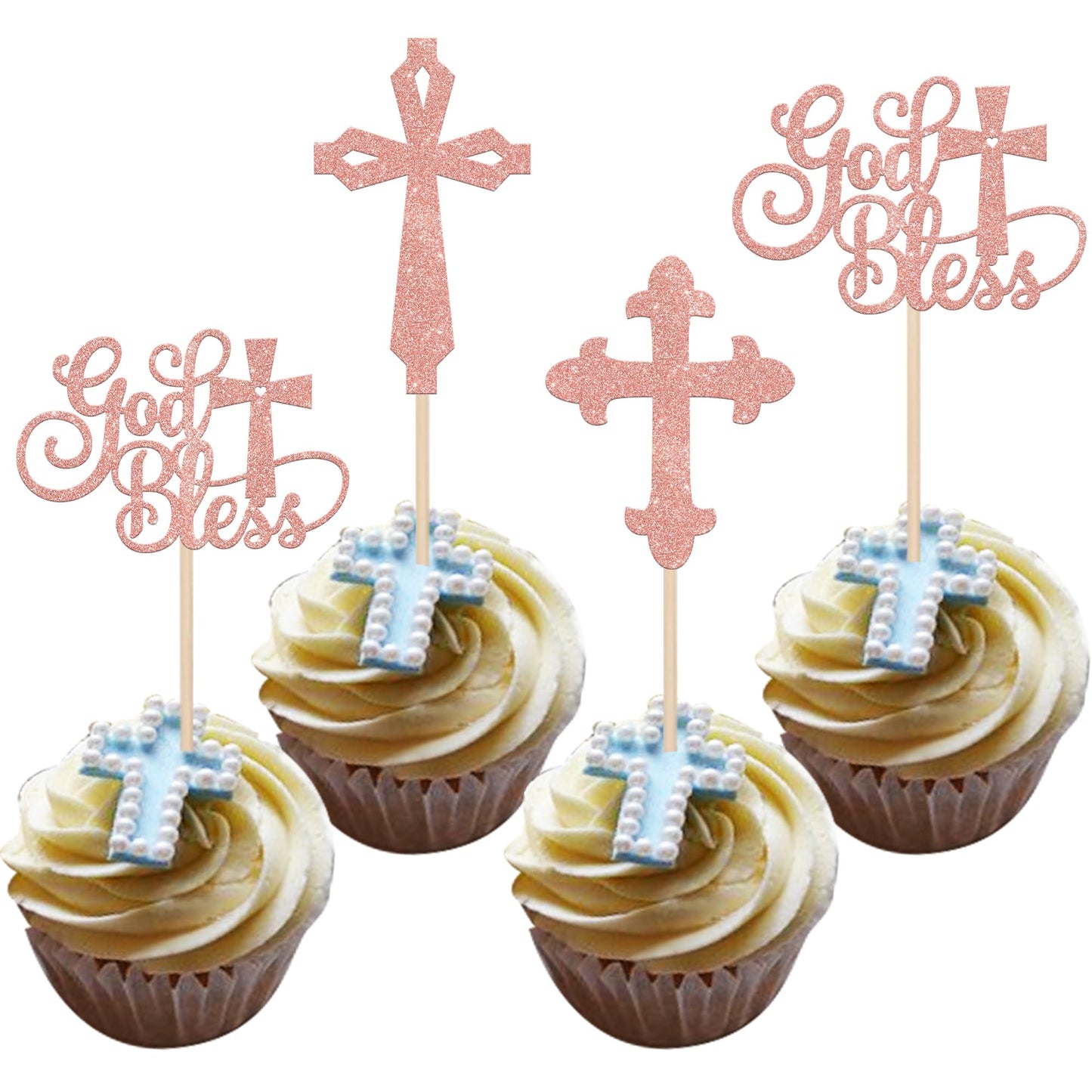 YCTHUNFISH Cupcake Toppers, 24 Pack Glitter Rose Gold, Paper, Religious Baptism and First Holy Communion Decorations