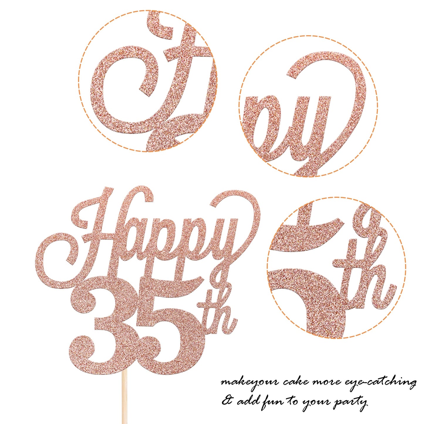 YCTHUNFISH 35th Birthday Cake Topper Black Glitter Number 35 Rose Gold Bamboo Decoration